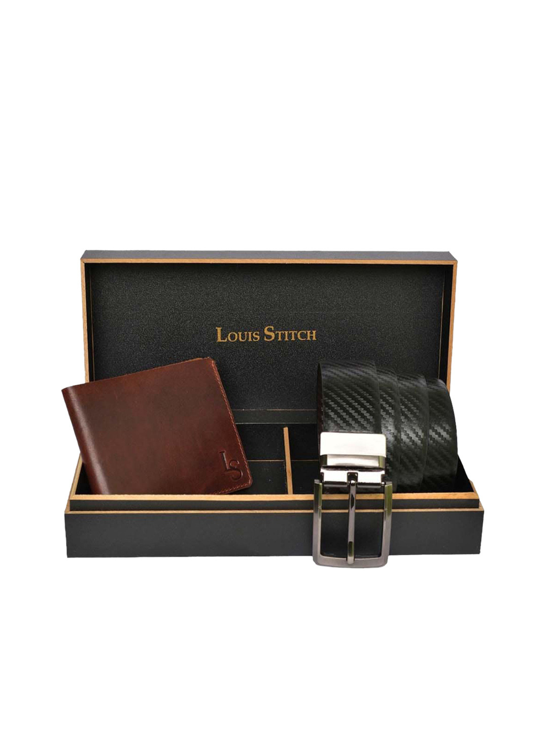 

LOUIS STITCH Set of 2 Brown Men Genuine Leather Belt & Wallet Accessory Gift Set