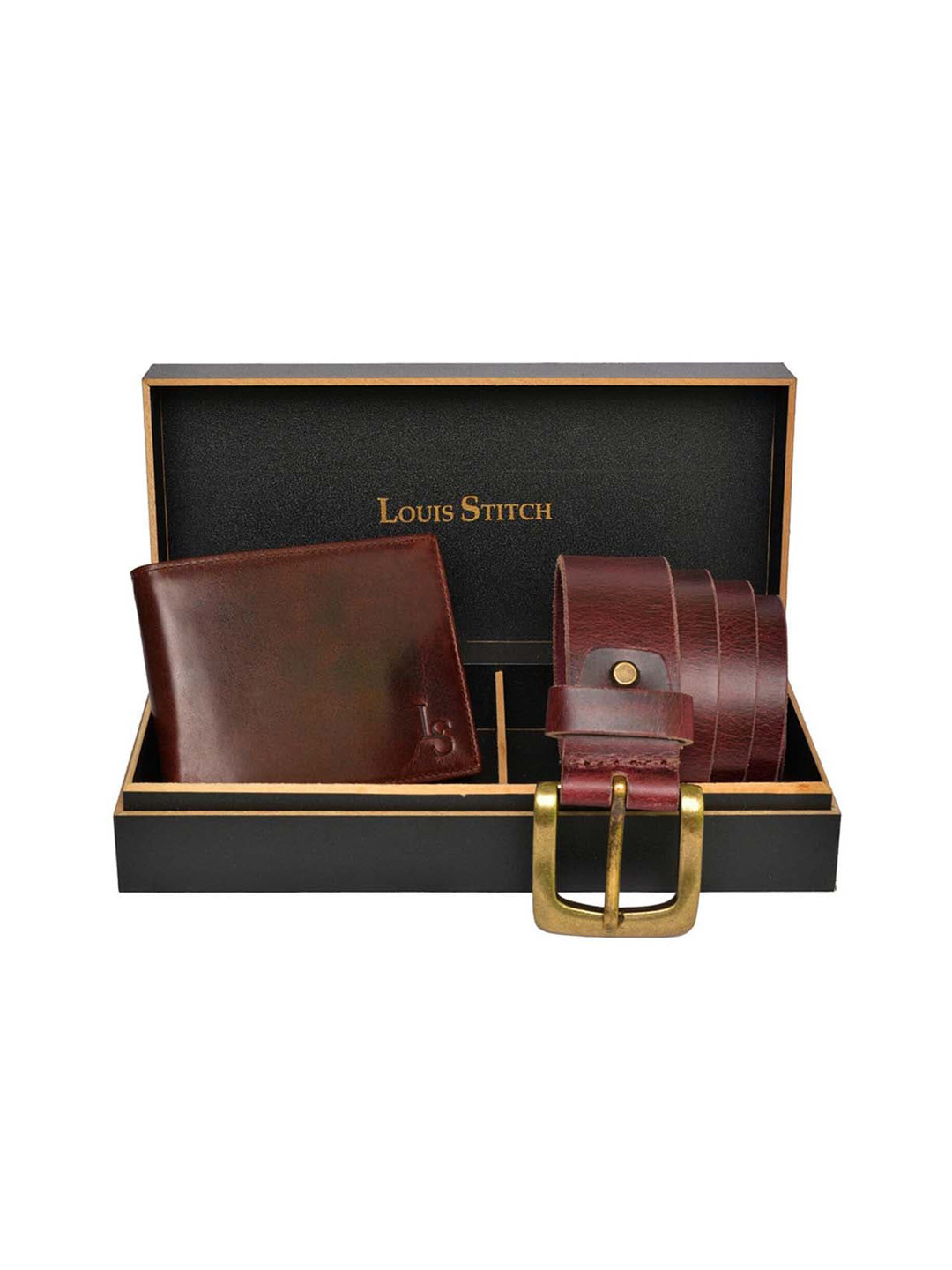 

LOUIS STITCH Set of 2 Brown Men Leather Belt & Wallet Accessory Gift Set