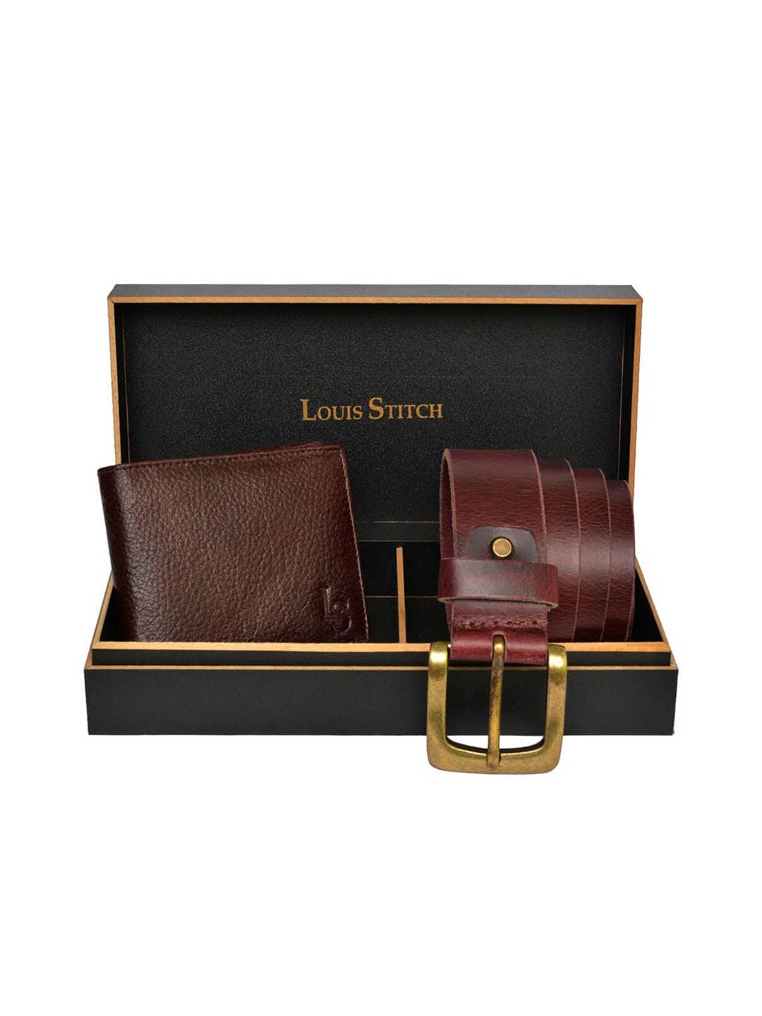

LOUIS STITCH Set of 2 Brown Men Genuine Leather Belt & Wallet Accessory Gift Set
