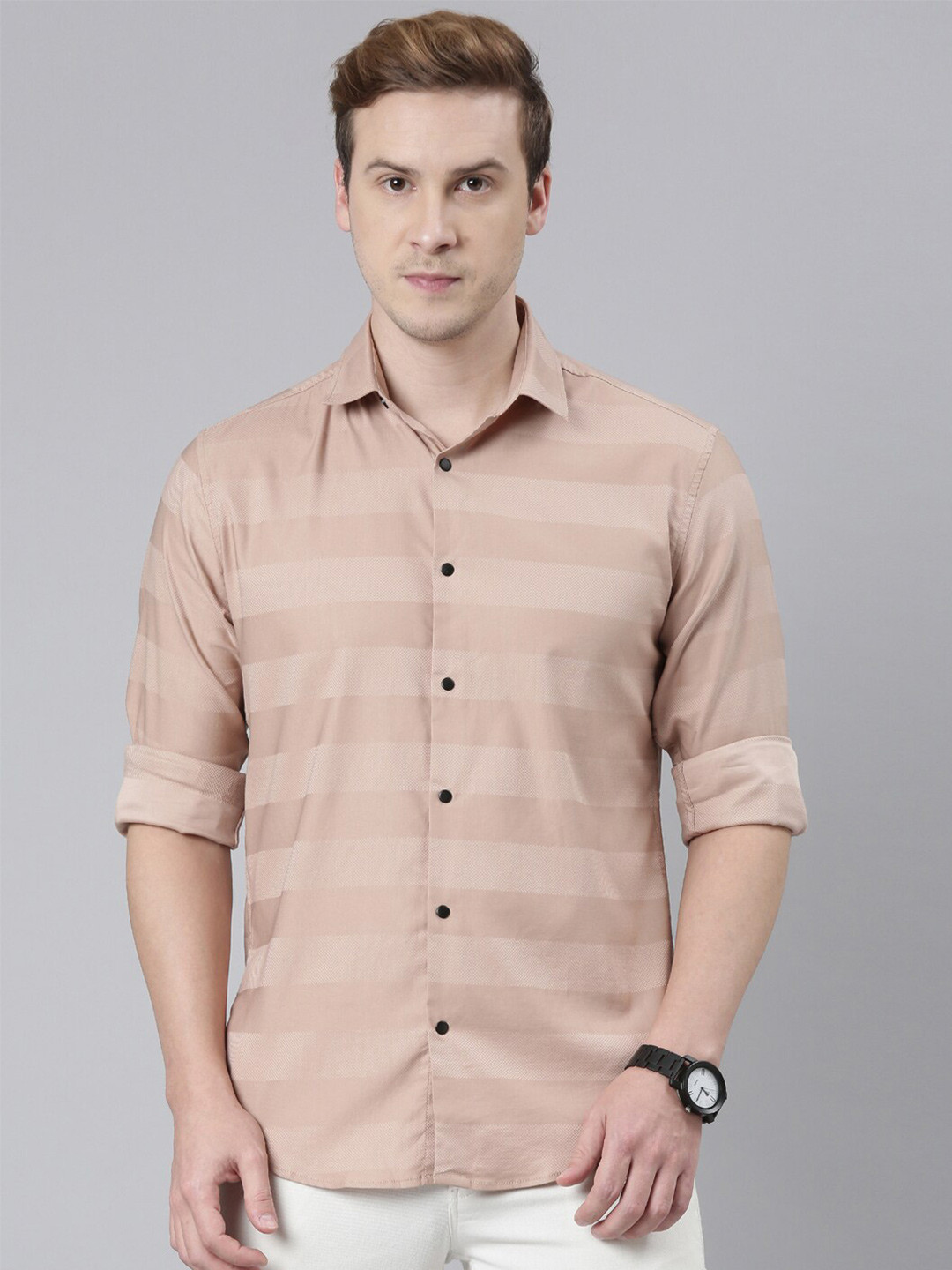 

Bushirt Classic Horizontal Striped Cotton Casual Shirt, Beige