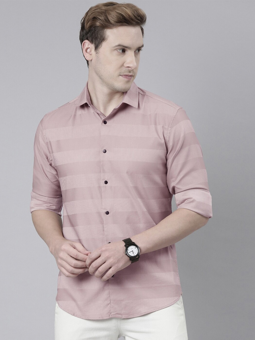 

Bushirt Classic Horizontal Striped Cotton Casual Shirt, Pink