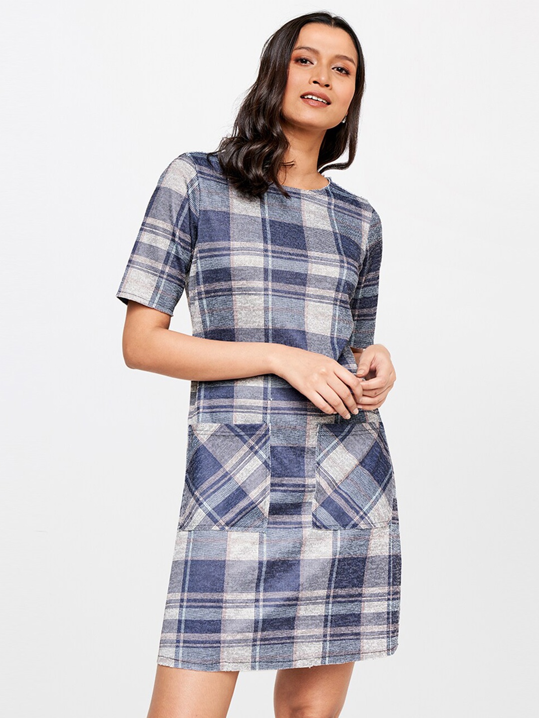 

AND Checked Round Neck Sheath Dress, Grey