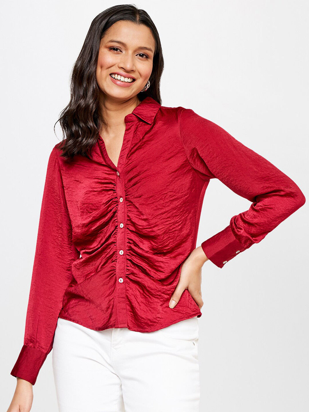 

AND Maroon Shirt Style Long Cuffed Sleeves Top