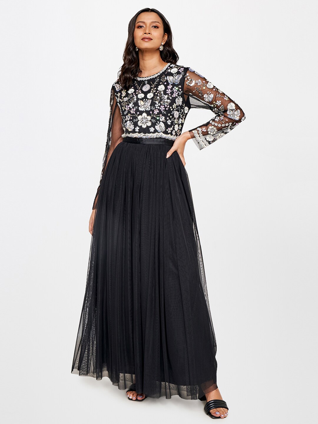 

AND Floral Sequined Fit & Flare Maxi Dress, Black