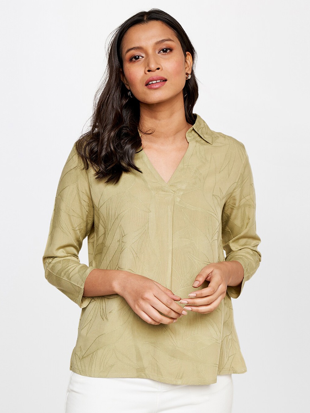 

AND Floral Printed Shirt Collar Top, Olive