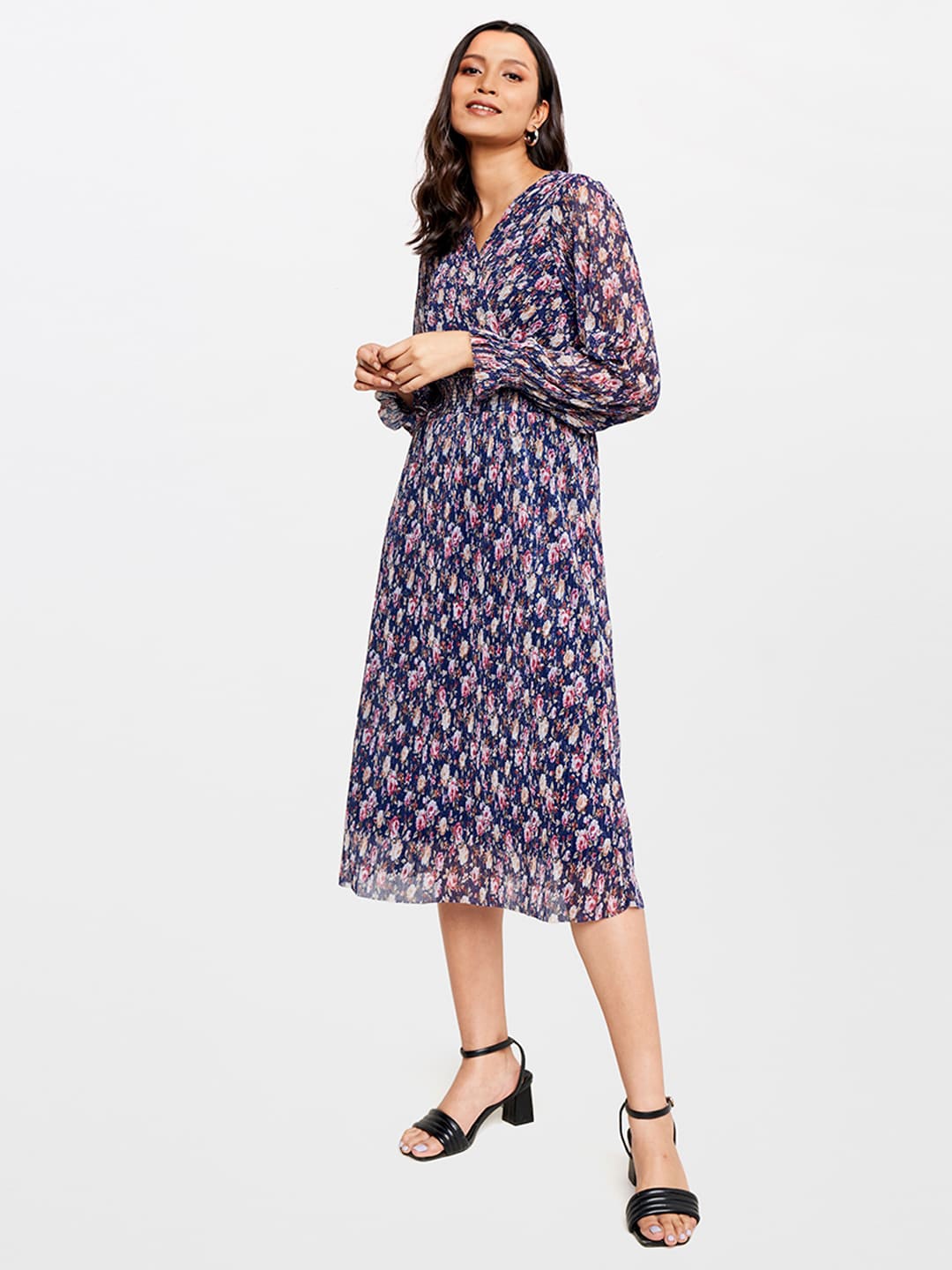 

AND Floral Printed V-Neck Fit & Flare Midi Dress, Navy blue