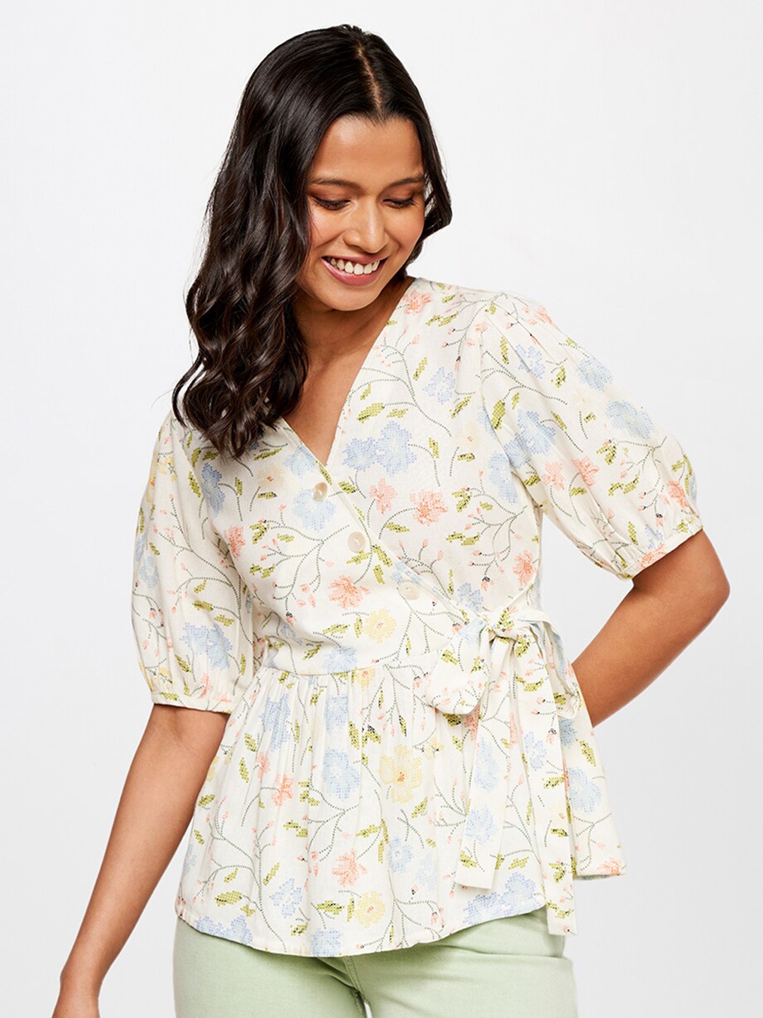 

AND Cream-Coloured Floral Print Linen Top