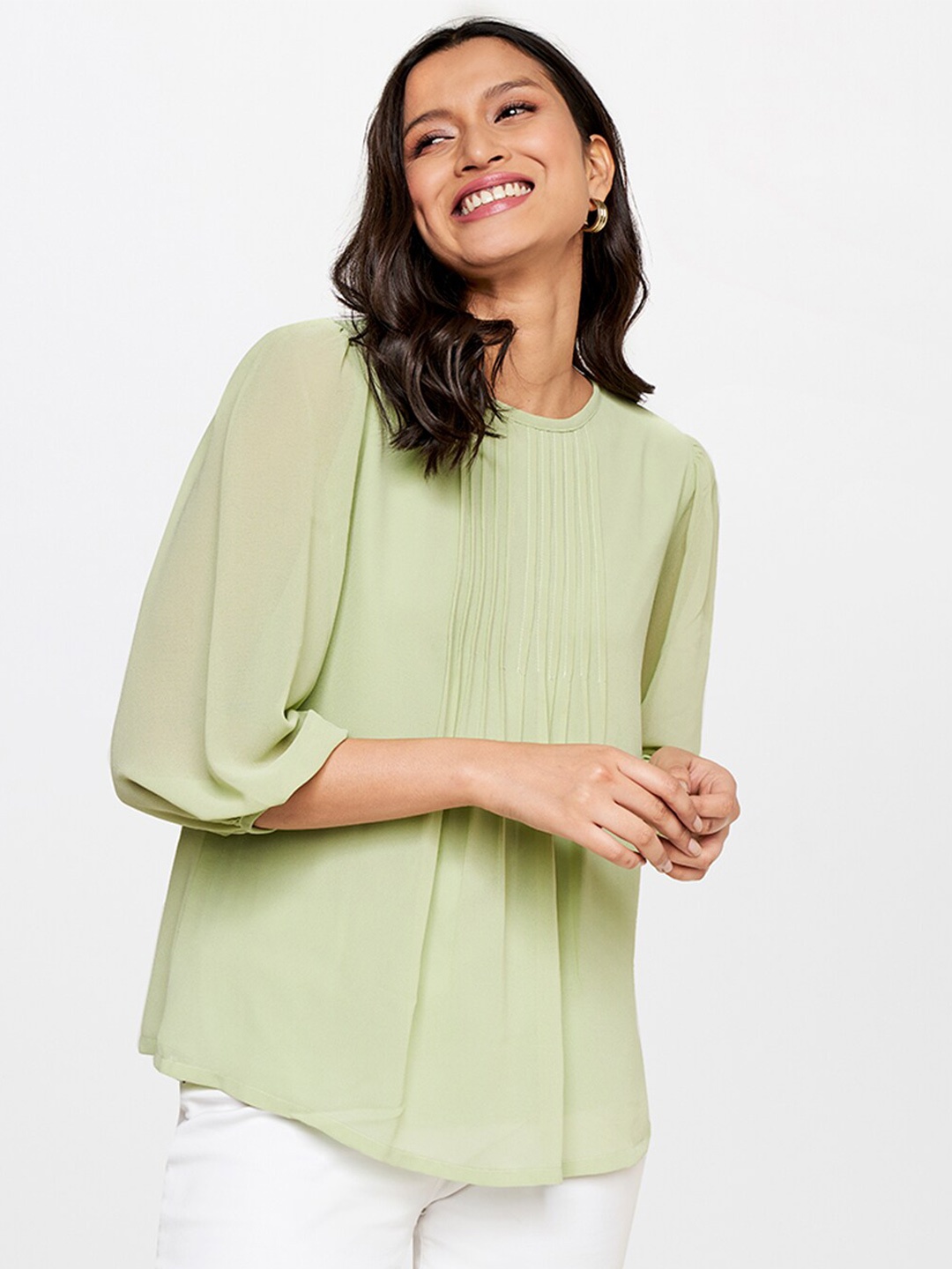 

AND Puff Sleeves Round Neck Top, Green