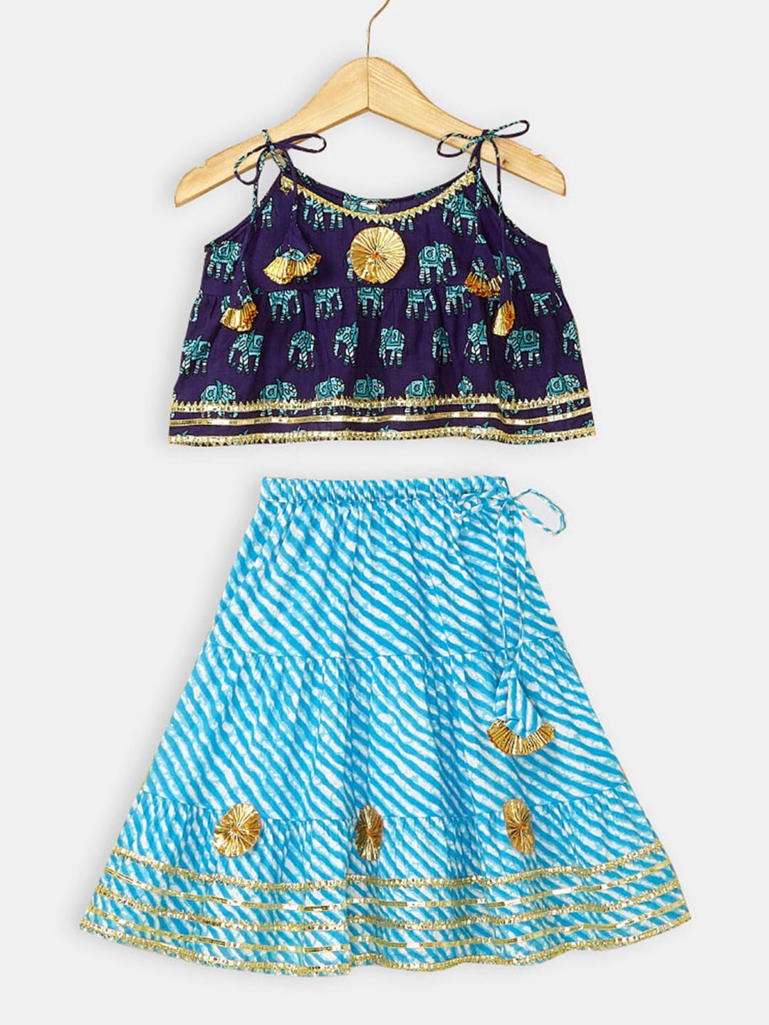 

Hopscotch Girls Printed Thread Work Ready to Wear Lehenga &, Blue