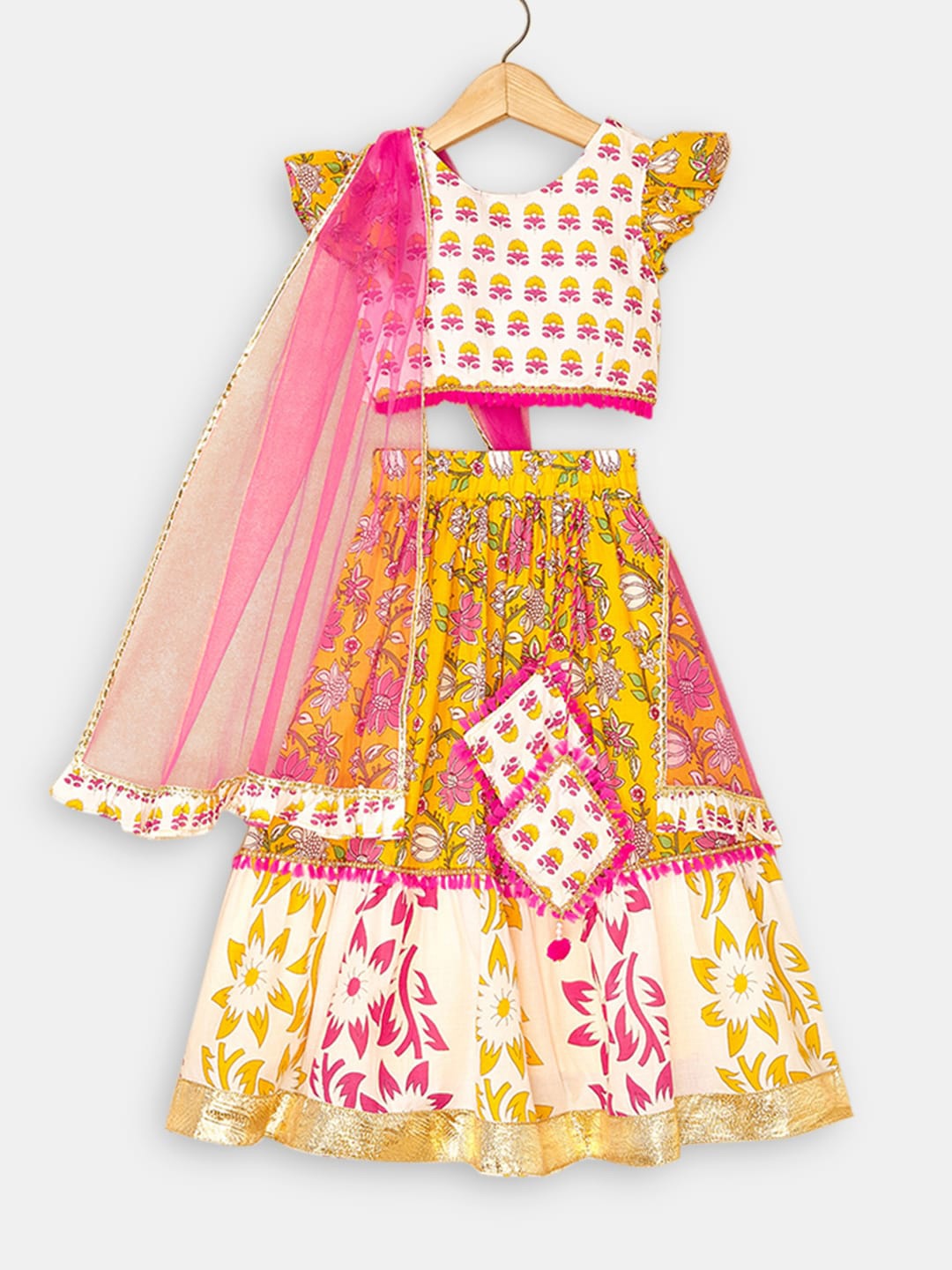 

Hopscotch Girls Printed Ready to Wear Lehenga & Blouse With Dupatta, Yellow