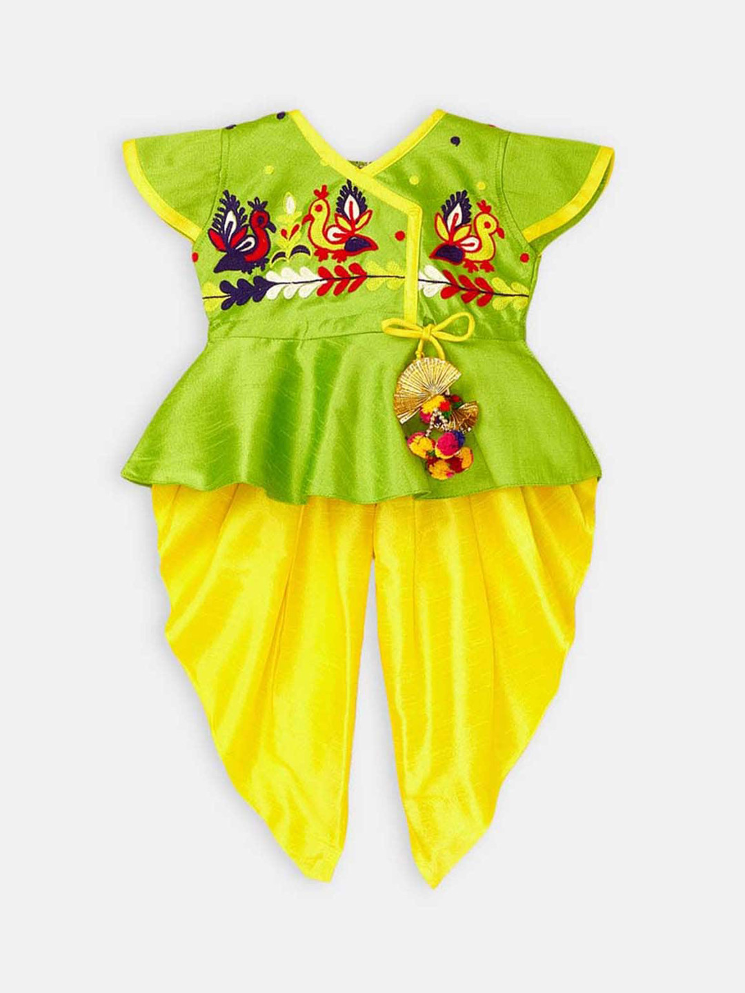 

Hopscotch Girls Ethnic Motifs Embroidered Pure Silk Kurta with Dhoti Pants, Green