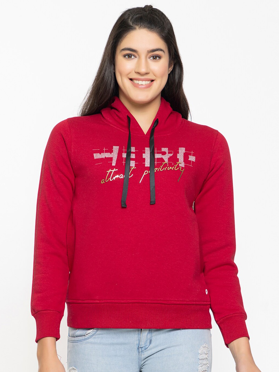 

FEMEA Women Maroon Printed Hooded Sweatshirt