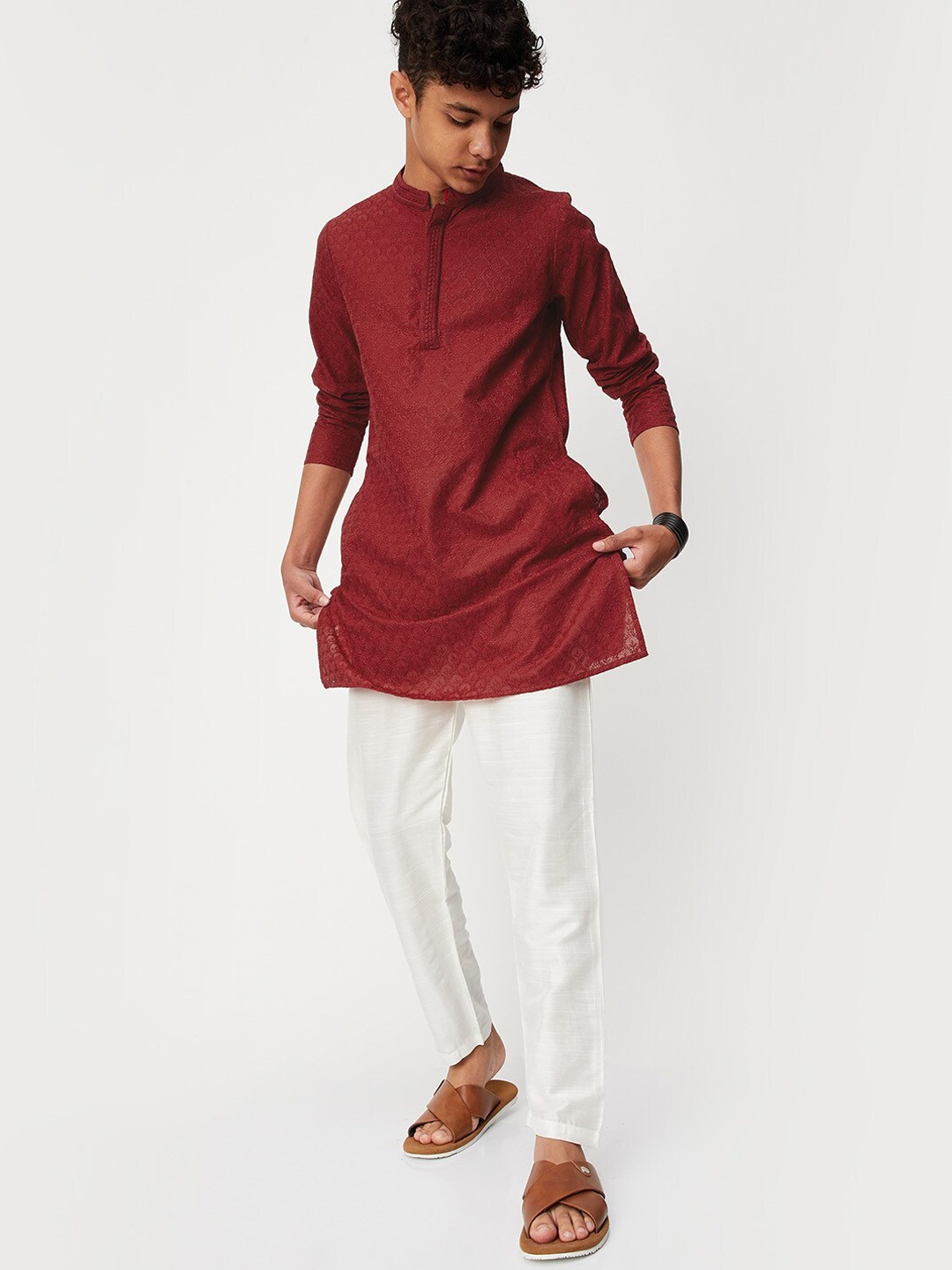 

max Boys Woven Design Thread Work Pure Cotton Kurta with Pyjamas, Red