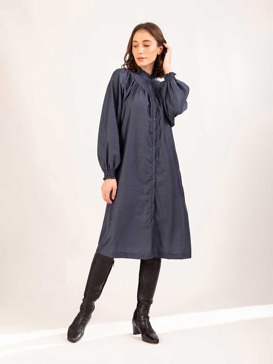

B.Copenhagen Shirt collar A-Line Puffed Dress, Navy blue