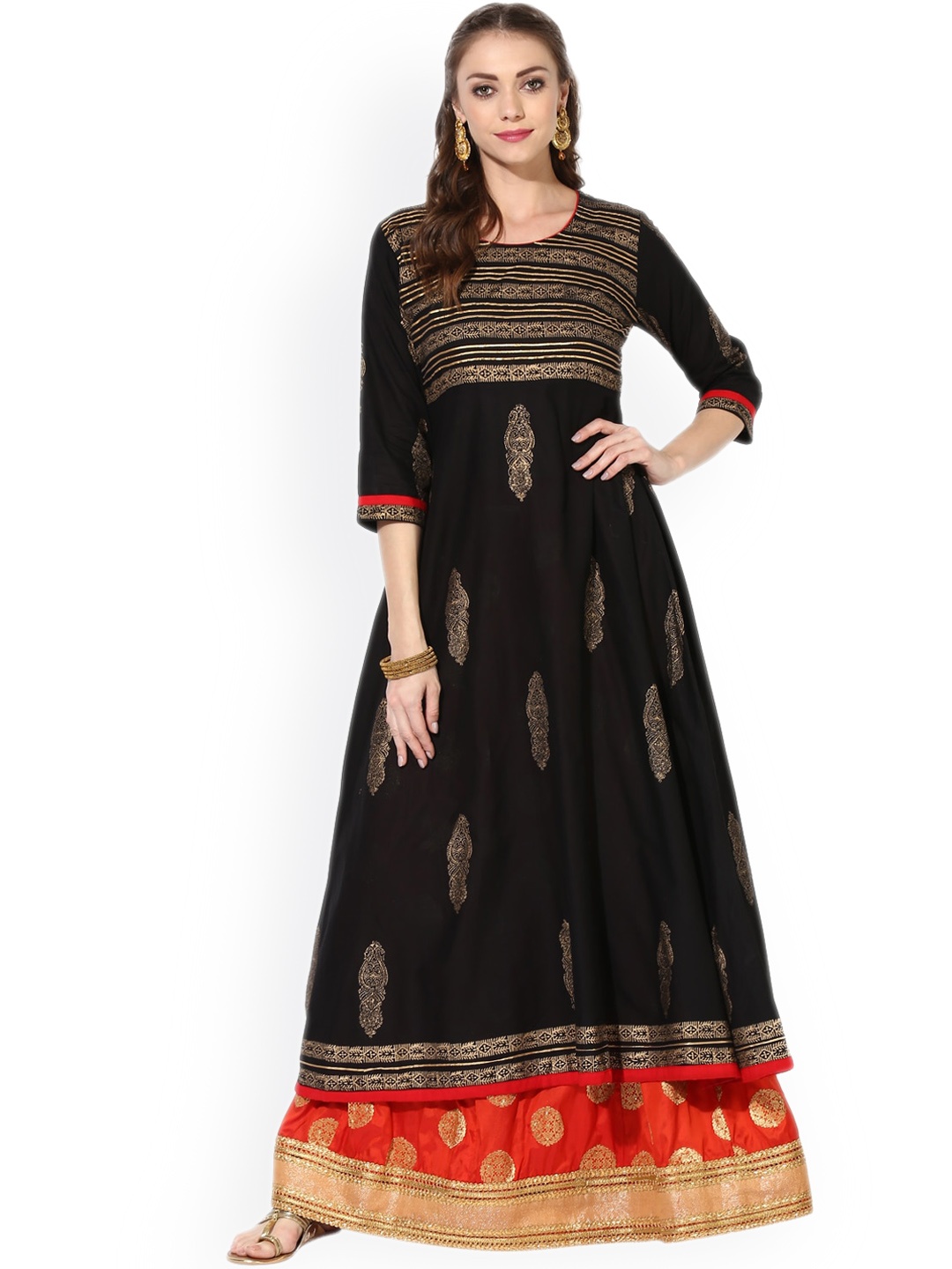 

ZOEYAMS Women Black Cotton Ethnic Motifs Printed Anarkali Kurta