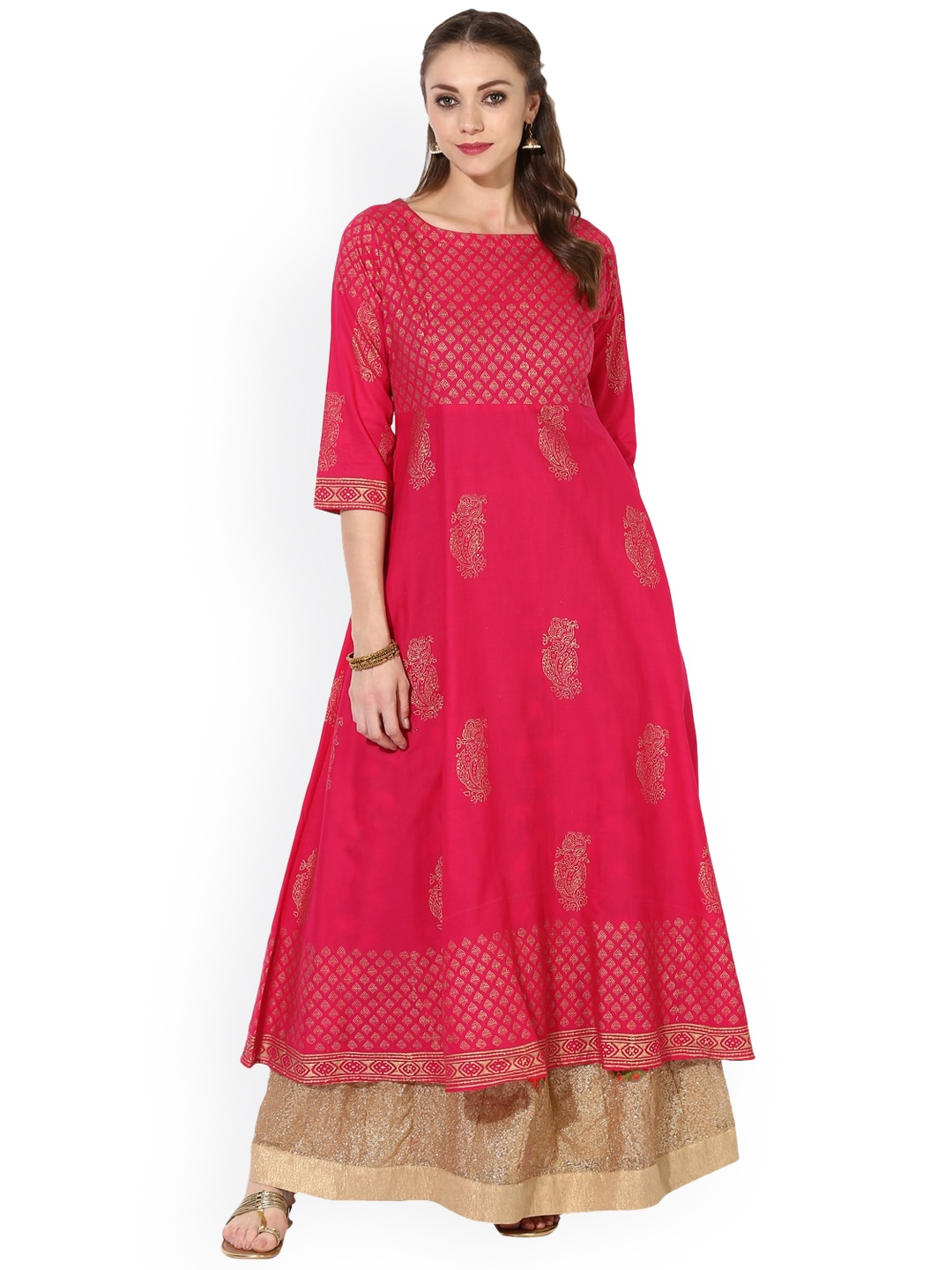 

ZOEYAMS Women Pink Cotton Ethnic Motifs Printed Anarkali Kurta