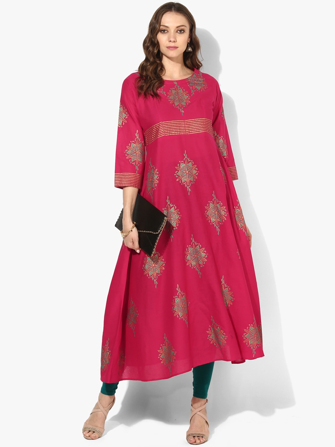 

ZOEYAMS Women Pink Cotton Floral Printed Anarkali Kurta