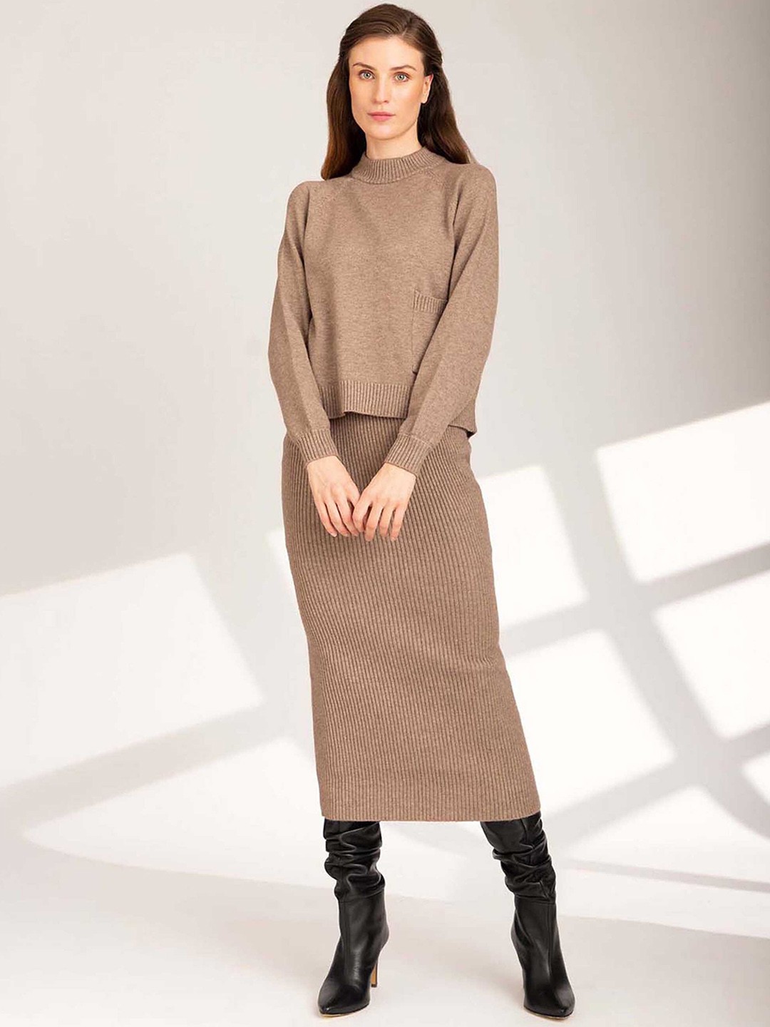 

B.Copenhagen Ribbed Pencil Maxi Skirt, Brown