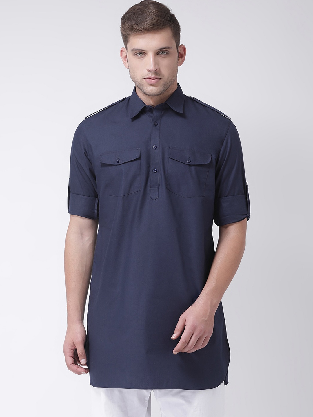 

TABARD Pathani Roll- Up Sleeve Cotton Kurta, Navy blue
