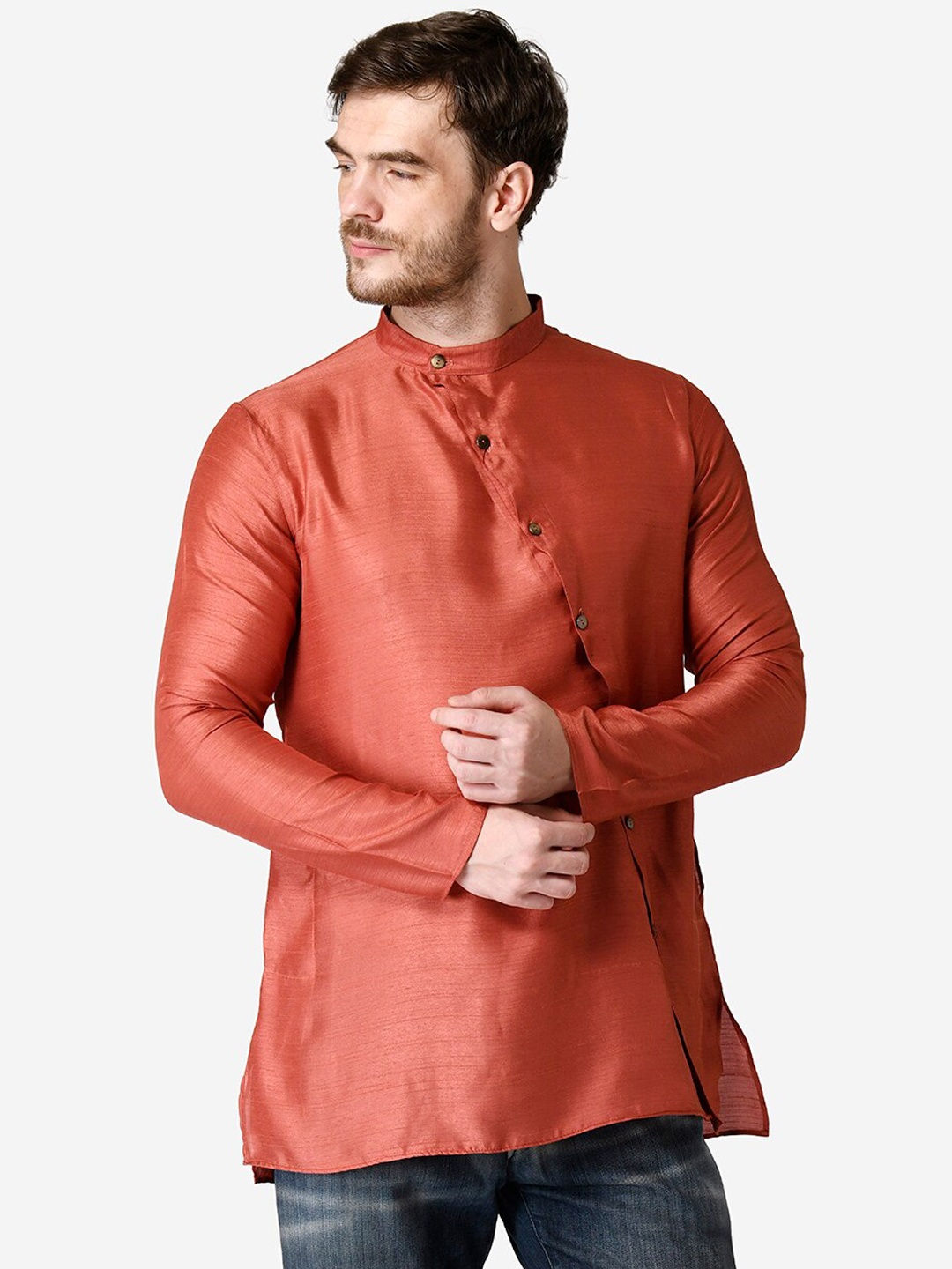 

TABARD Band Collar Dupion Silk Kurta, Rust
