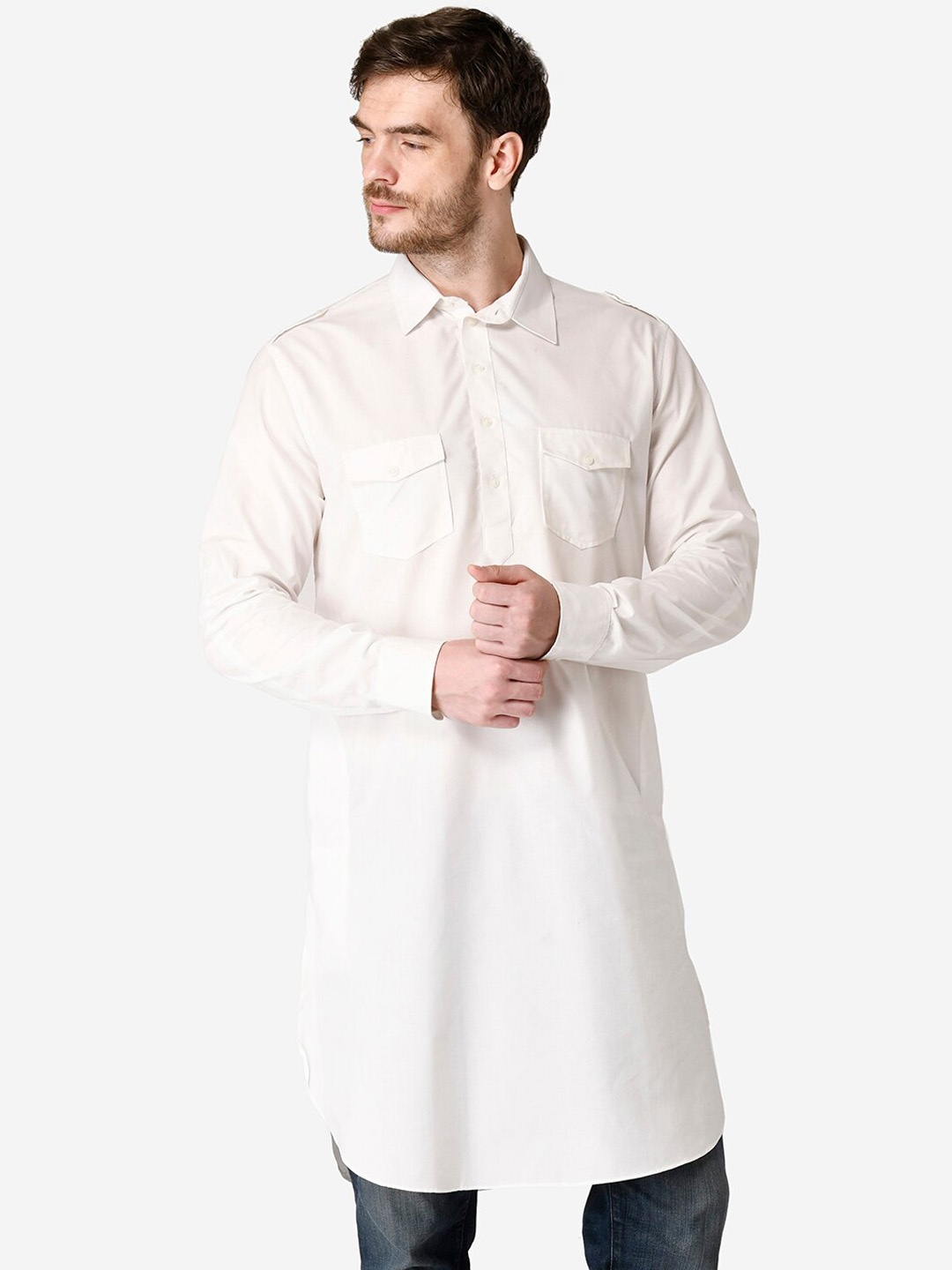 

TABARD Roll- Up Sleeve Cotton Pathani Kurta, White