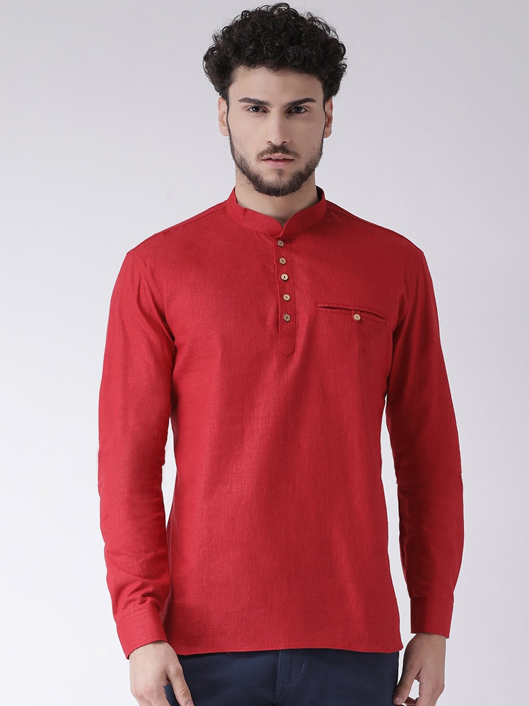 

TABARD Band Collar Cotton Kurta, Red