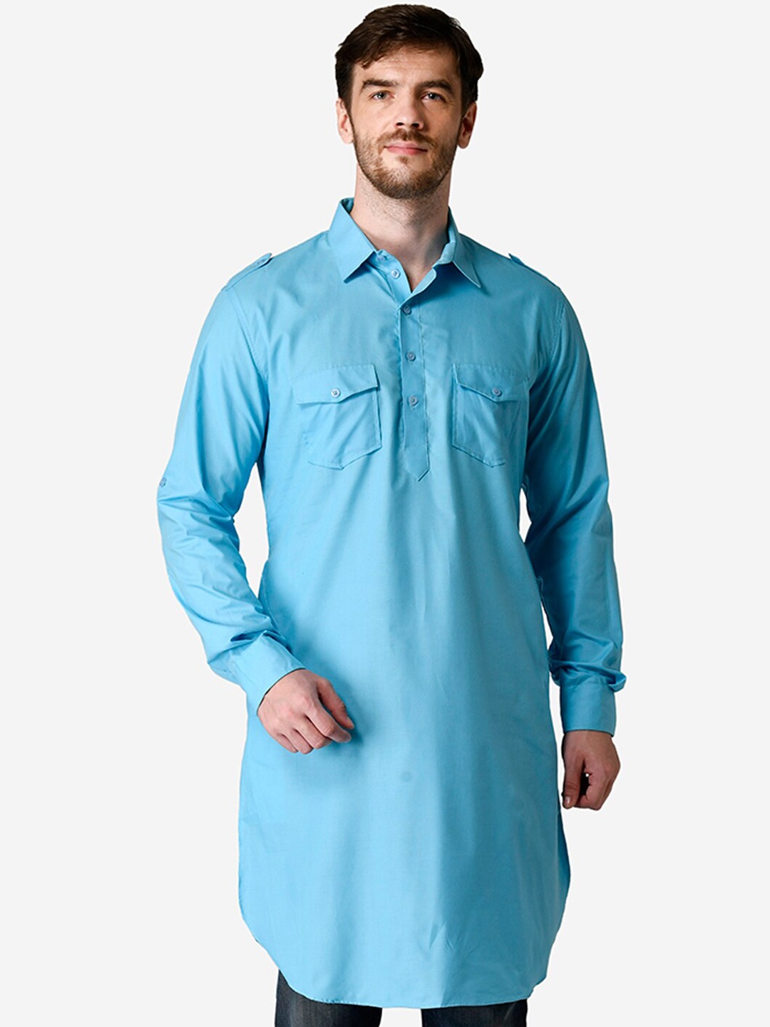 

TABARD Roll- Up Sleeve Cotton Pathani Kurta, Blue