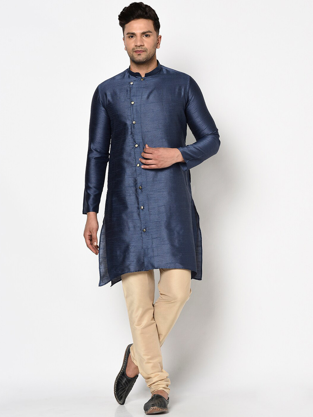 

TABARD A-Line Mandarin Collar Indigo Jacquard Kurta, Blue