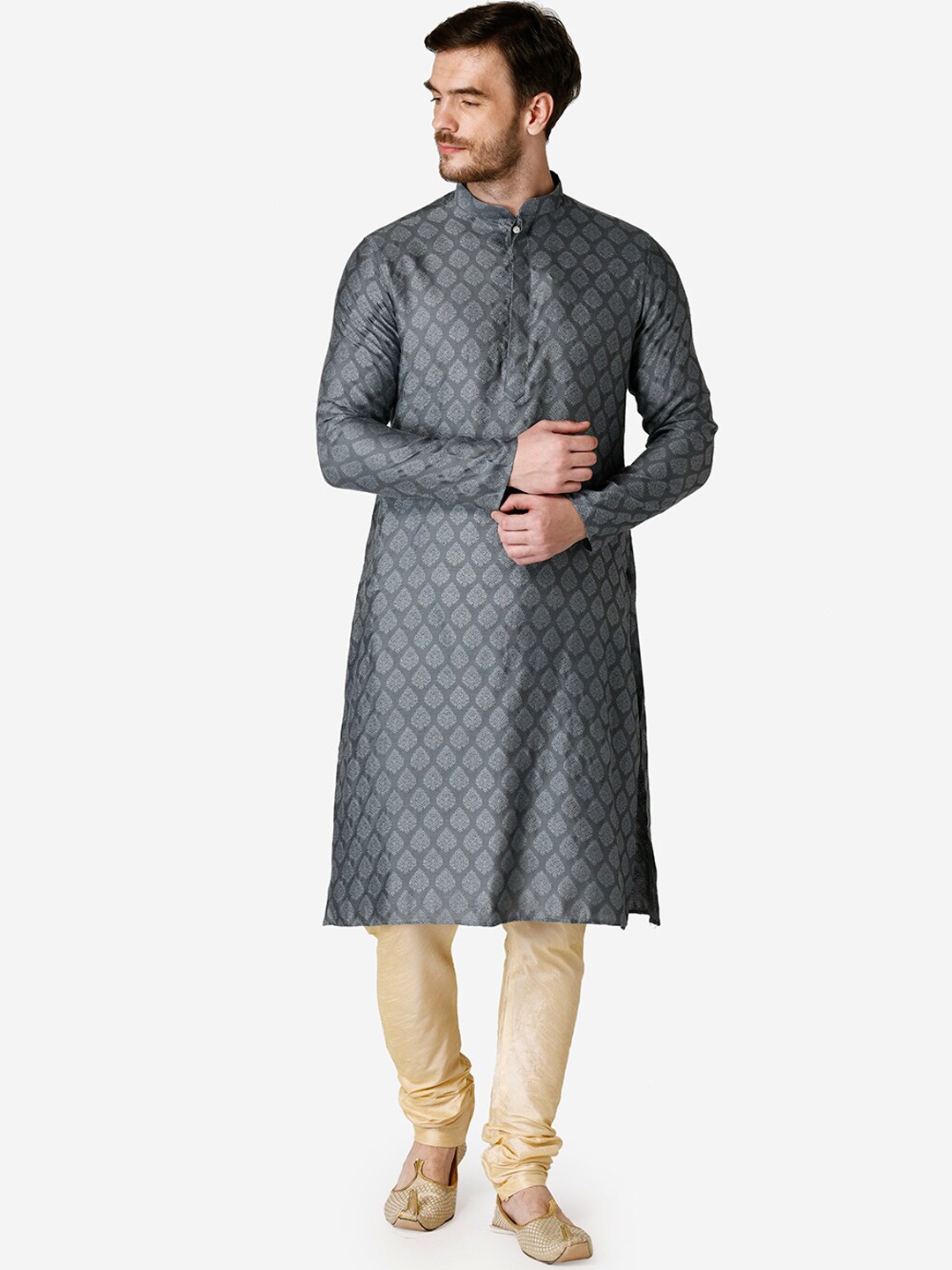 

TABARD Ethnic Motifs Jacquard Mandarin Collar Kurta, Grey