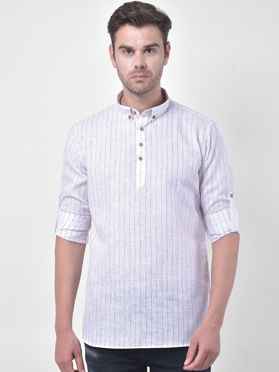 

TABARD Striped Linen Mandarin Collar Kurta, White