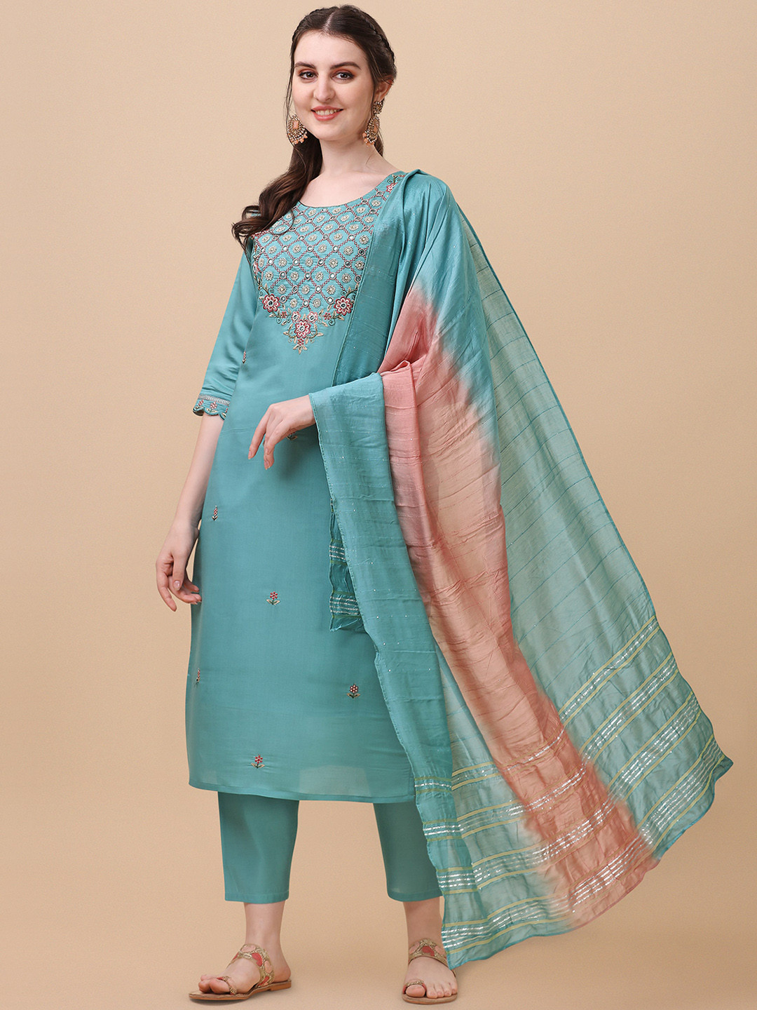 

Berrylicious Floral Embroidered with Trousers & Dupatta, Blue