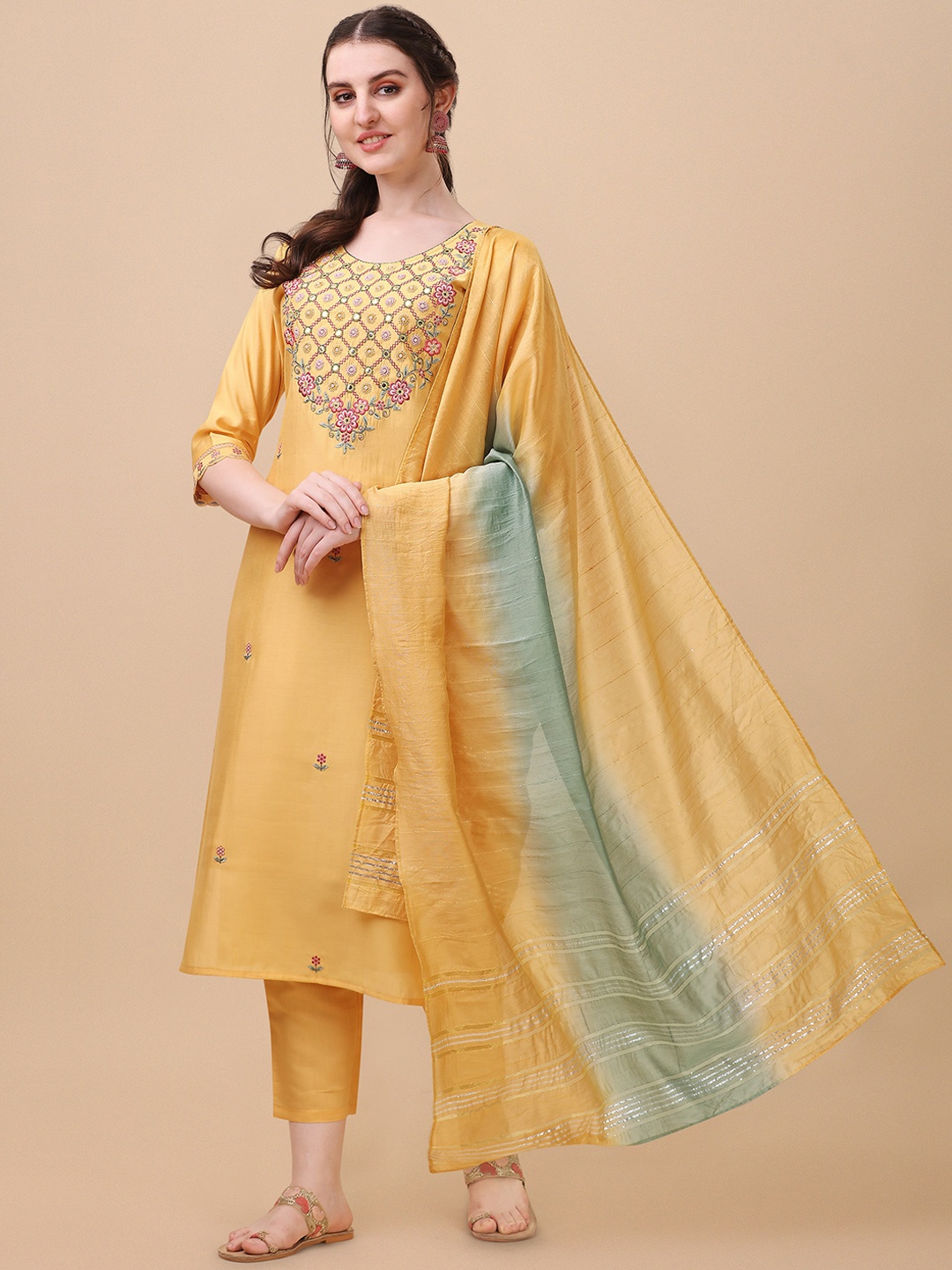 

Berrylicious Floral Embroidered Kurta with Trousers & Dupatta, Yellow