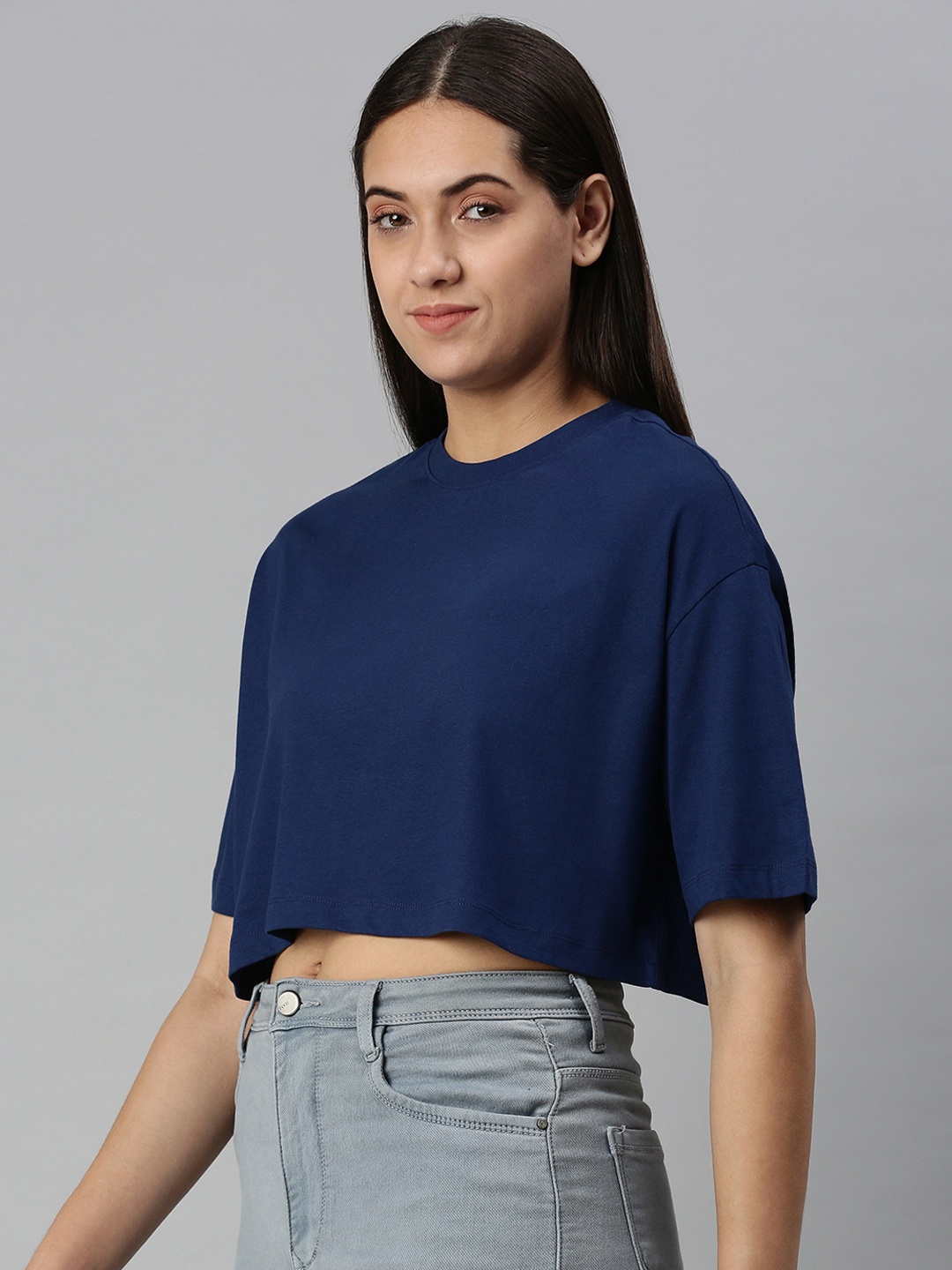 

Huetrap Women Cotton Drop-Shoulder Sleeves Boxy Crop T-shirt, Navy blue