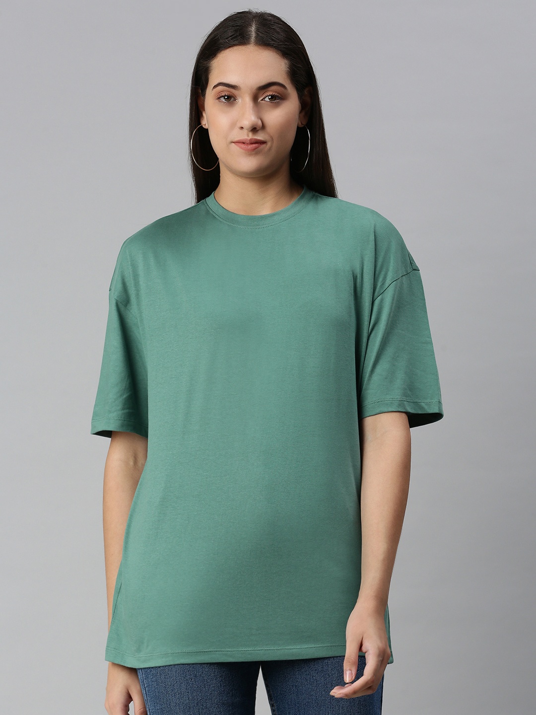 

Huetrap Women Cotton Drop-Shoulder Sleeves Boxy Longline T-shirt, Green