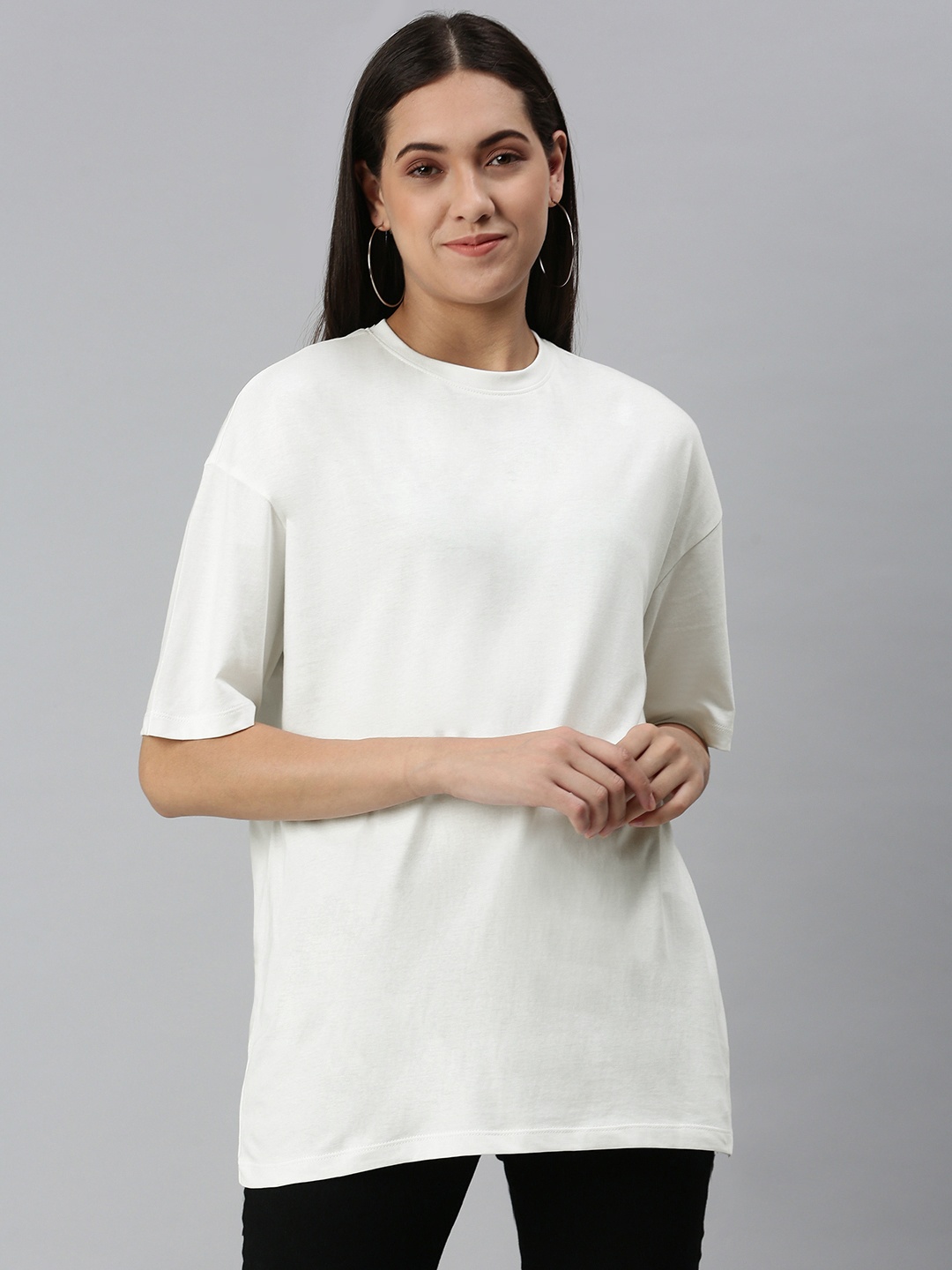 

Huetrap Women Cotton Drop-Shoulder Sleeves Boxy Longline T-shirt, White
