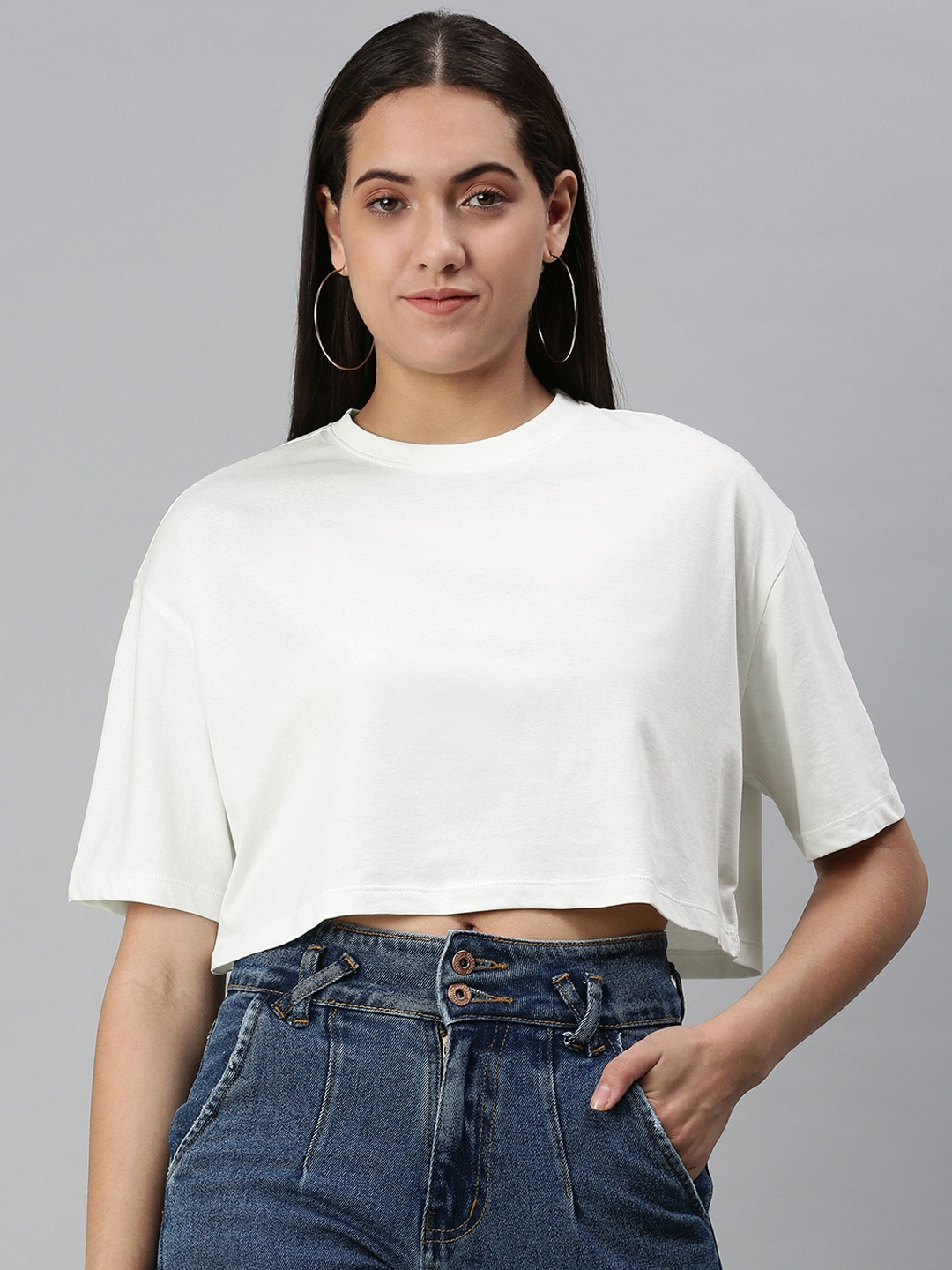 

Huetrap Women Cotton Drop-Shoulder Sleeves Boxy Crop T-shirt, White