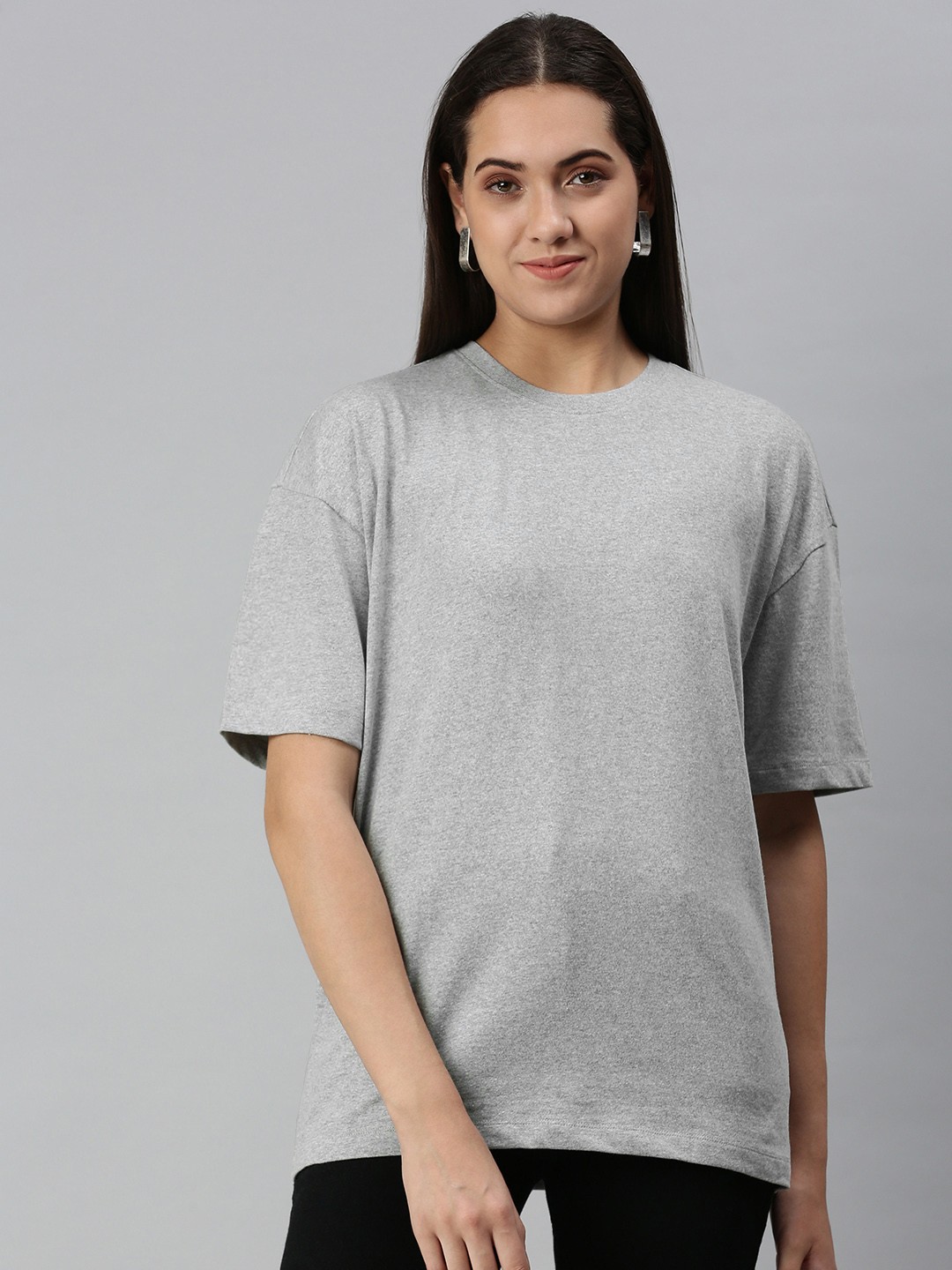 

Huetrap Women Cotton Drop-Shoulder Sleeves Boxy Longline T-shirt, Grey