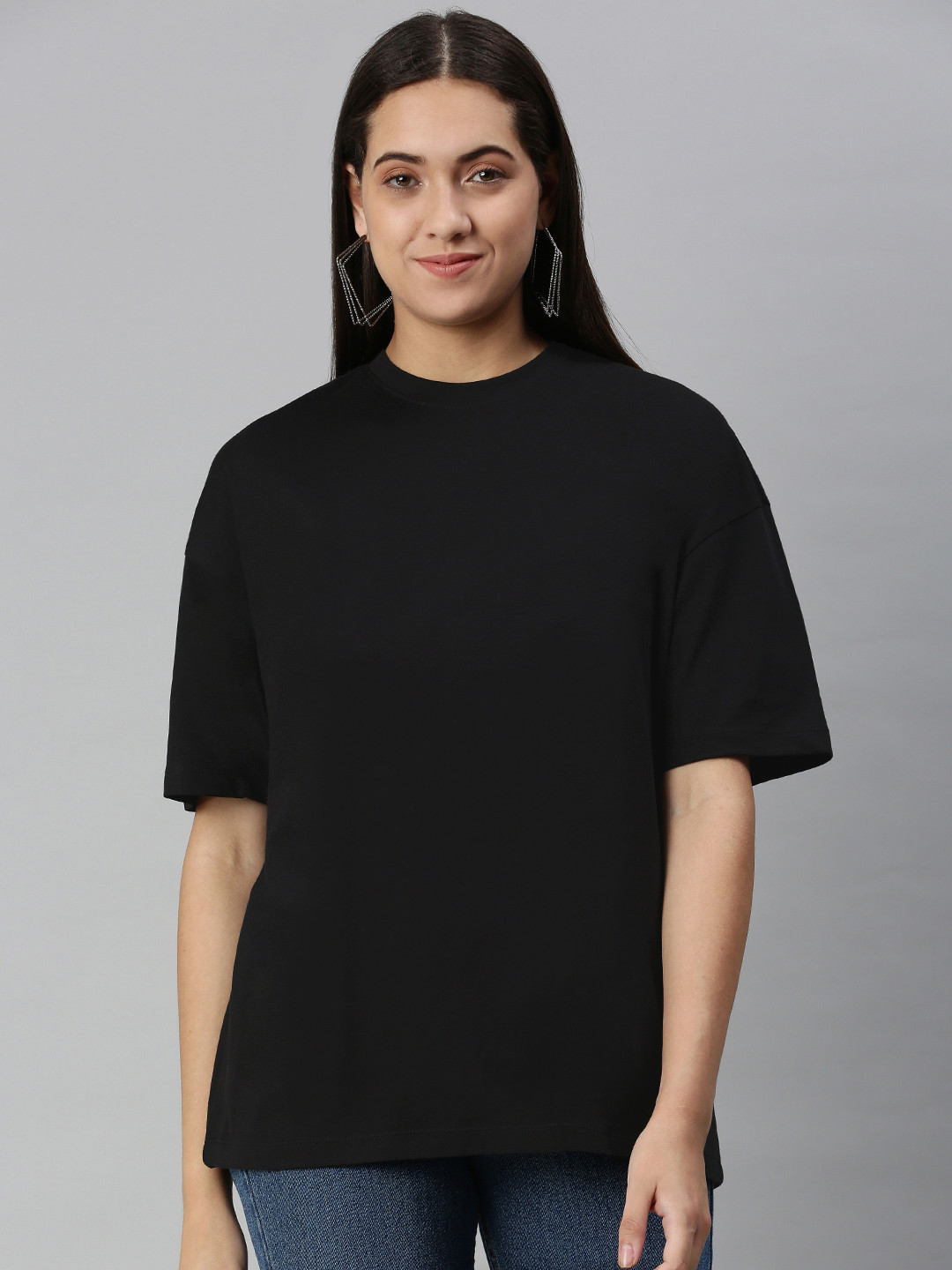 

Huetrap Women Cotton Drop-Shoulder Sleeves Boxy Longline T-shirt, Black