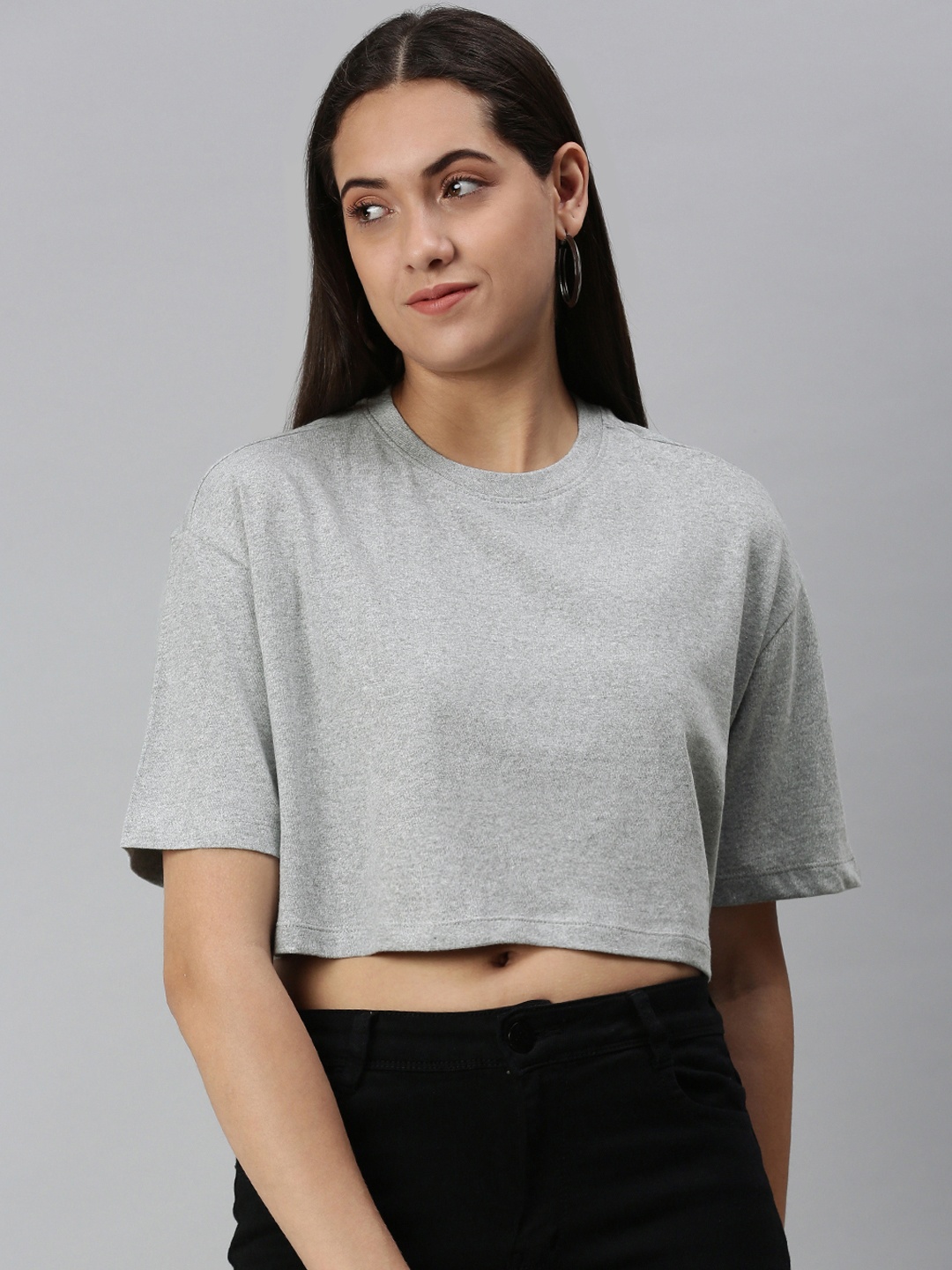 

Huetrap Women Cotton Drop-Shoulder Sleeves Boxy Crop T-shirt, Grey