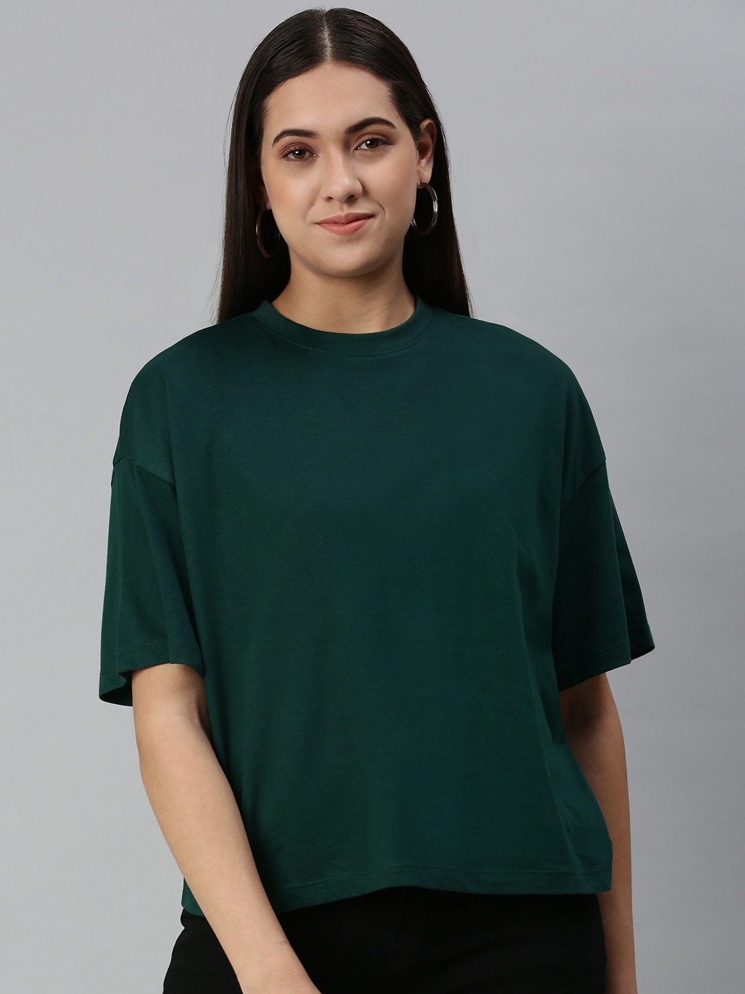 

Huetrap Women Cotton Drop-Shoulder Sleeves Boxy T-shirt, Green