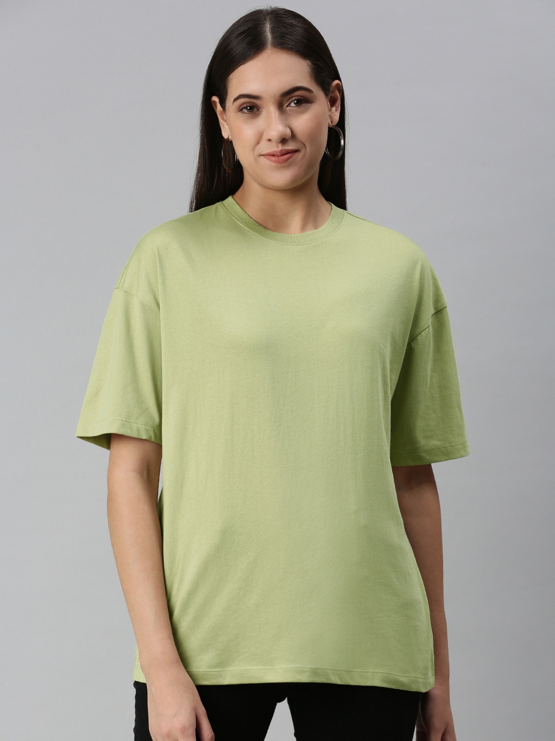 

Huetrap Women Cotton Drop-Shoulder Sleeves Boxy Longline T-shirt, Olive