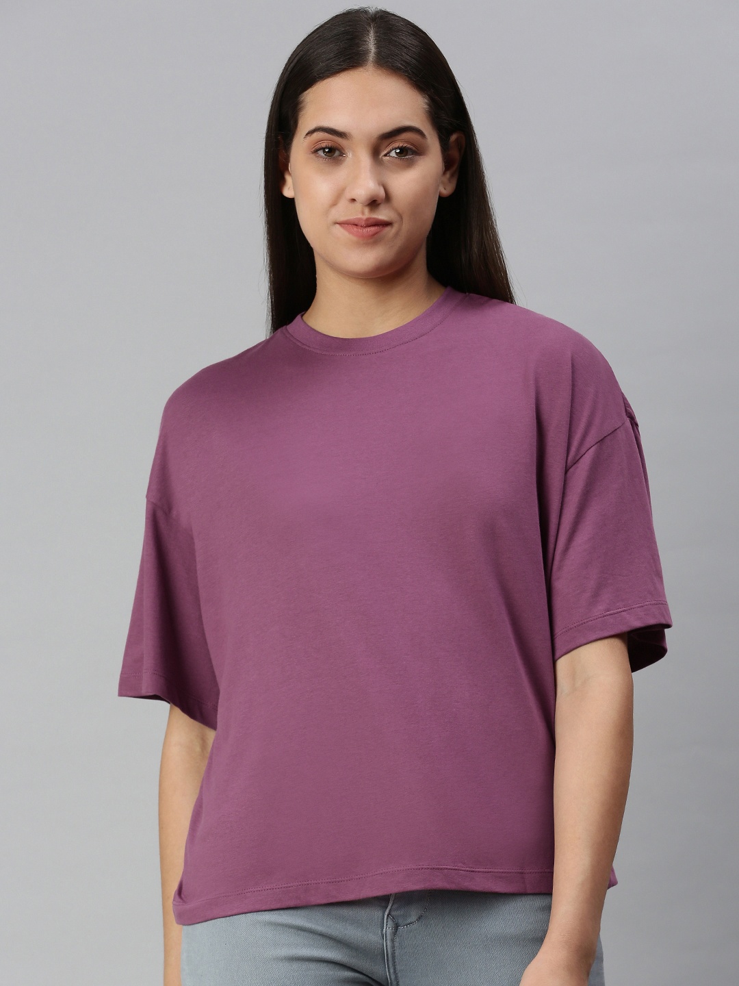 

Huetrap Women Cotton Drop-Shoulder Sleeves Boxy T-shirt, Purple