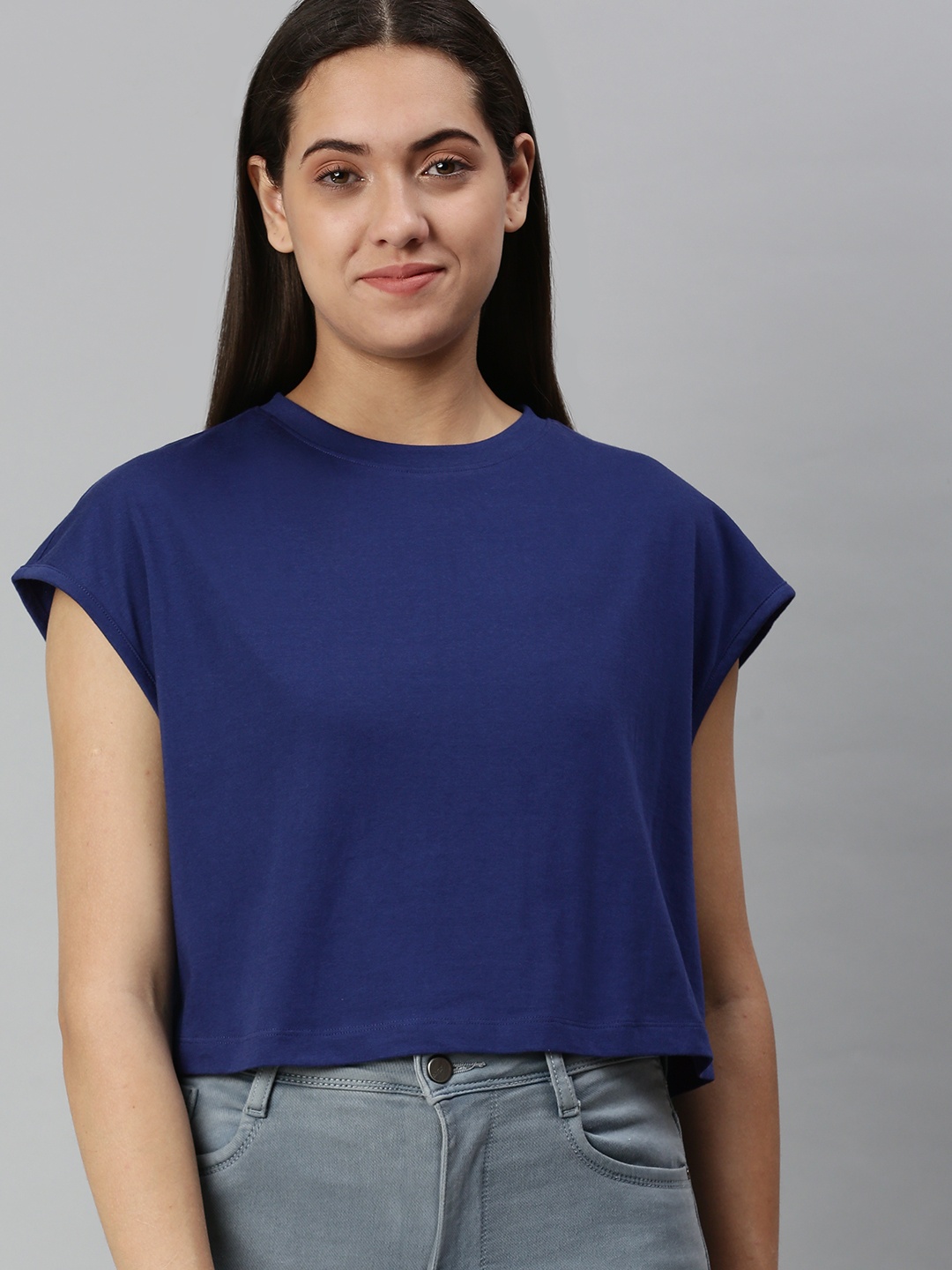 

Huetrap Women Cotton Extended Sleeves Boxy Crop T-shirt, Navy blue