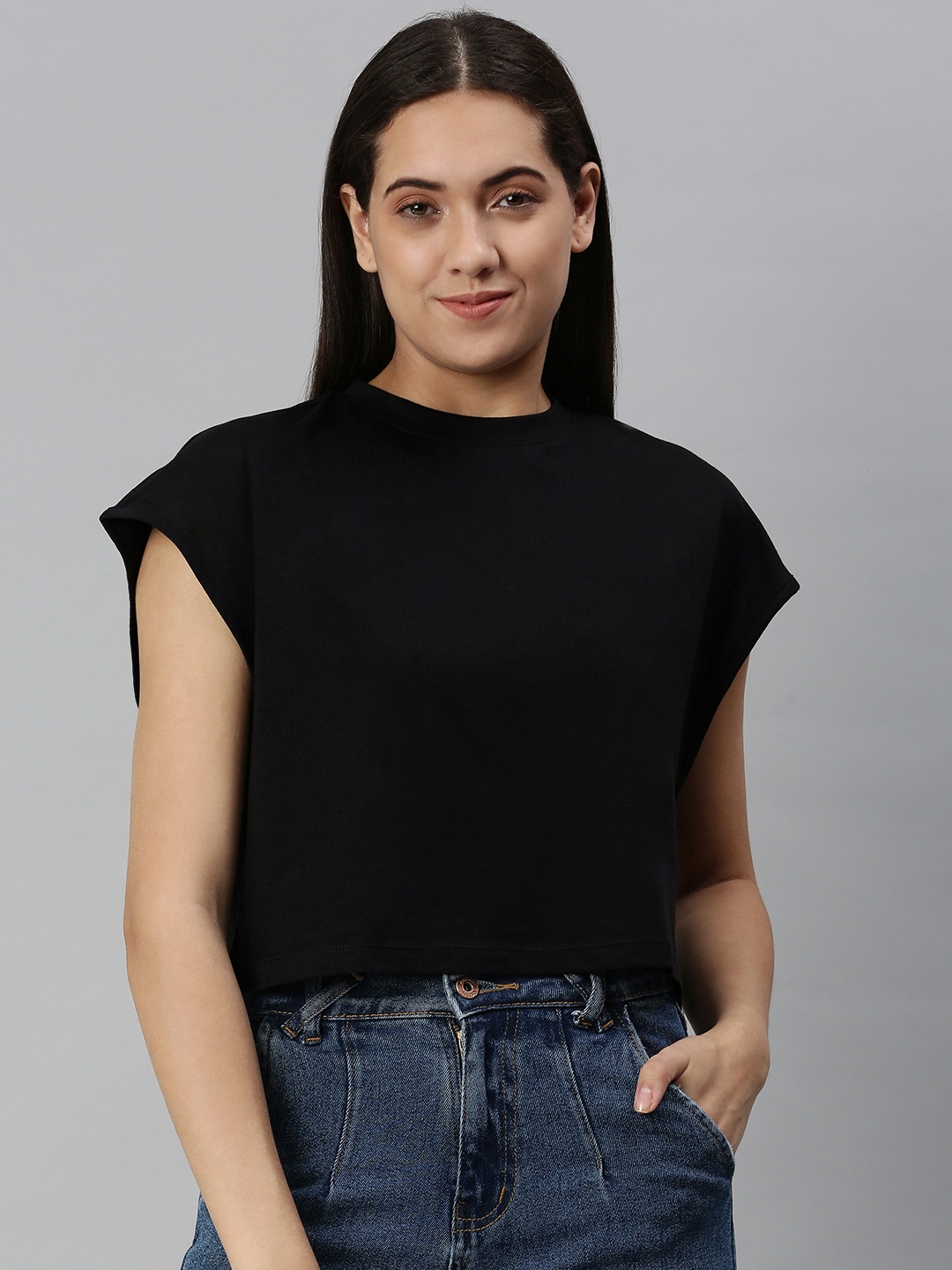 

Huetrap Women Cotton Extended Sleeves Boxy Crop T-shirt, Black