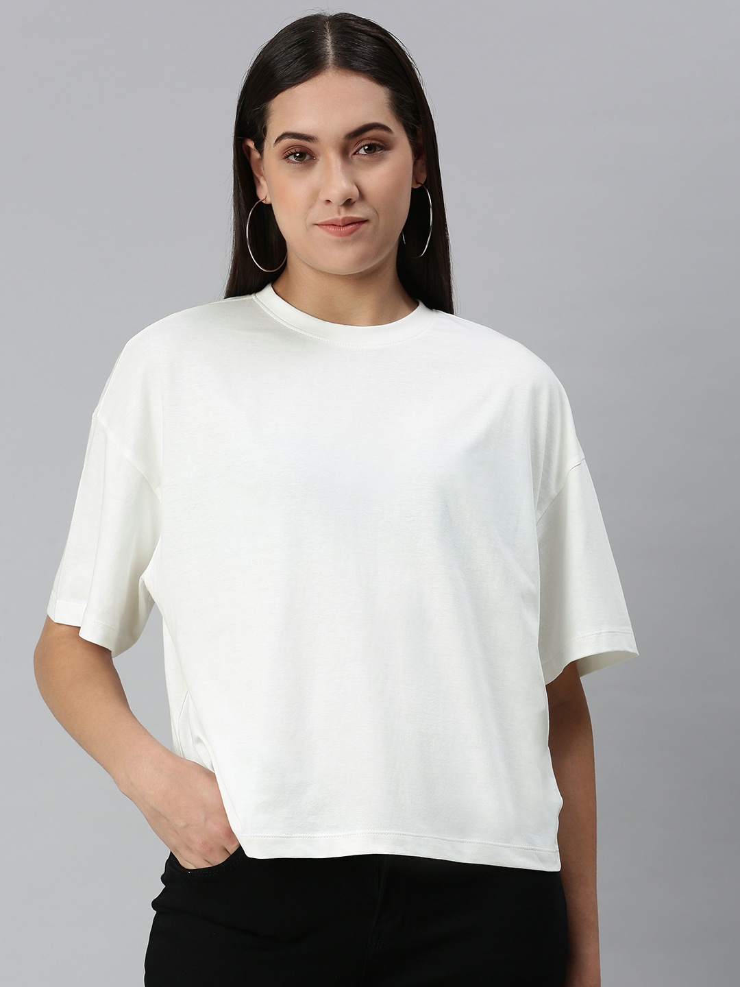 

Huetrap Women Cotton Drop-Shoulder Sleeves Boxy T-shirt, White