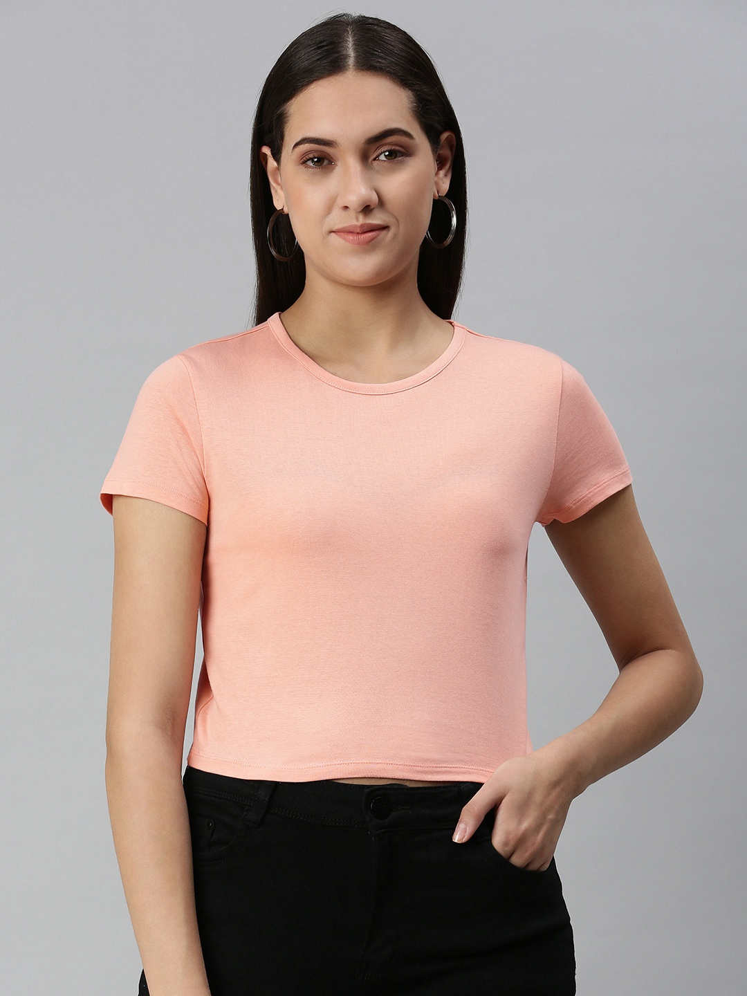 

Huetrap Women Slim Fit Crop T-shirt, Coral