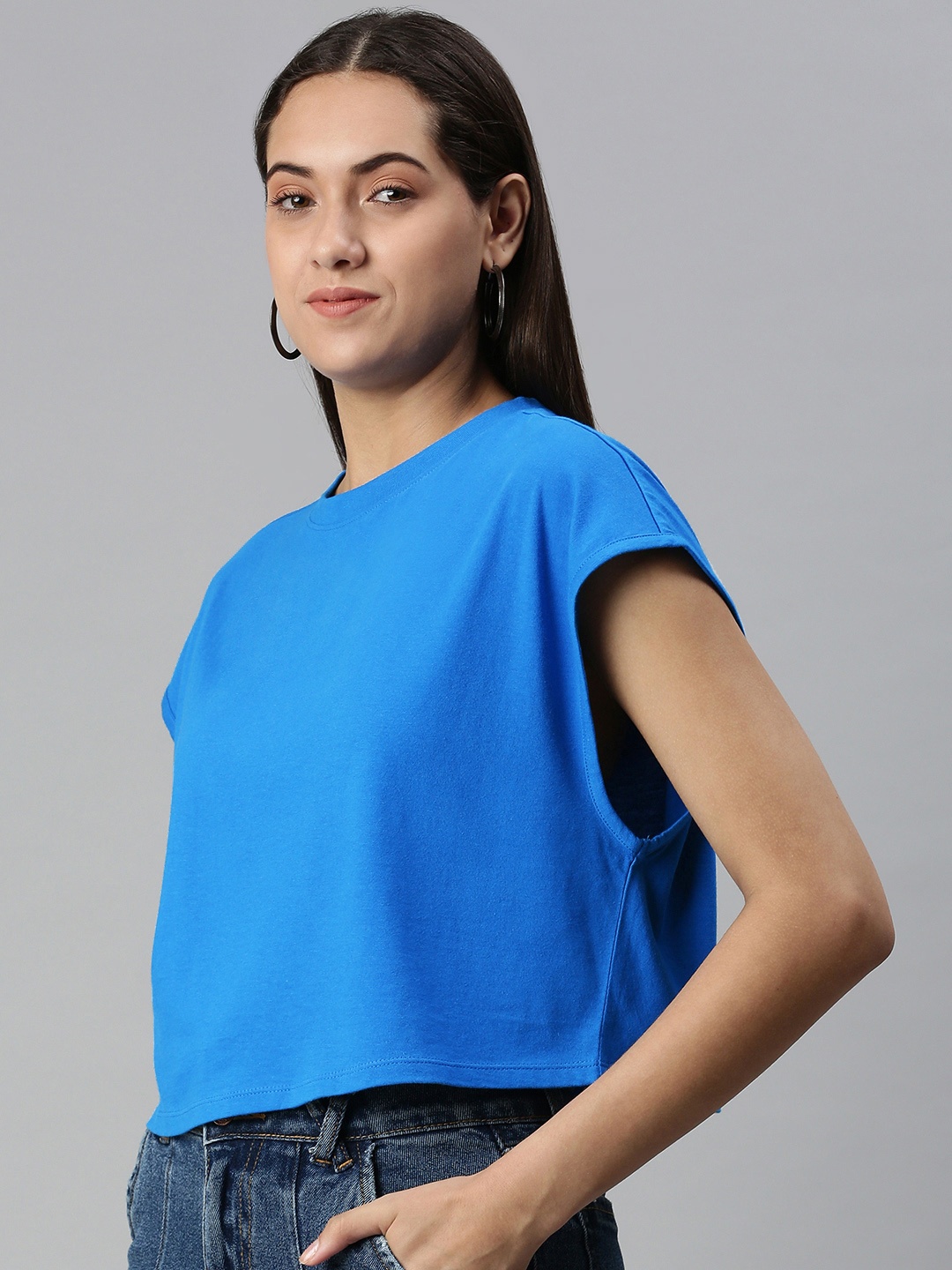 

Huetrap Women Cotton Extended Sleeves Boxy Crop T-shirt, Blue