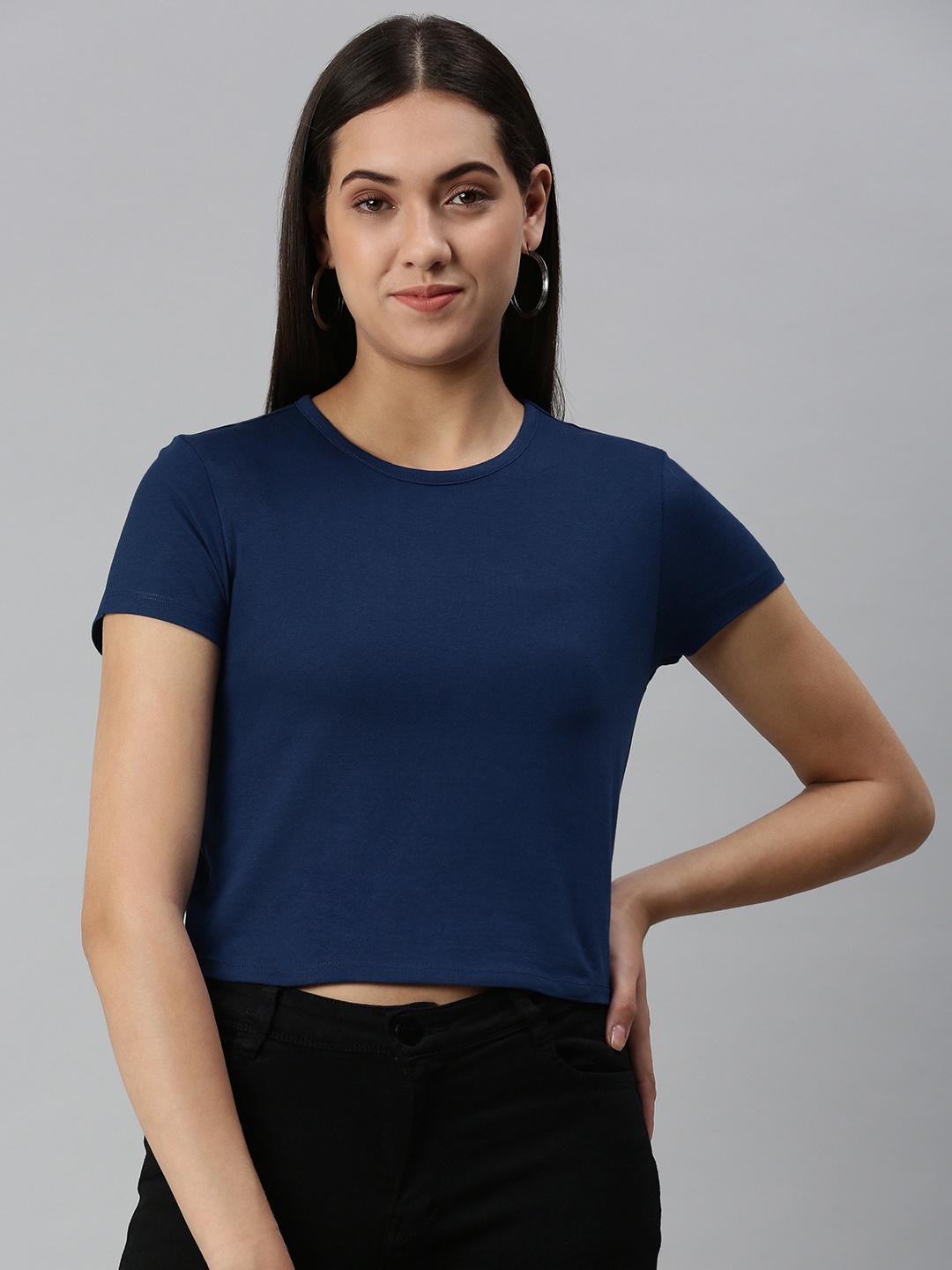 

Huetrap Women Cotton Slim Fit Crop T-shirt, Navy blue