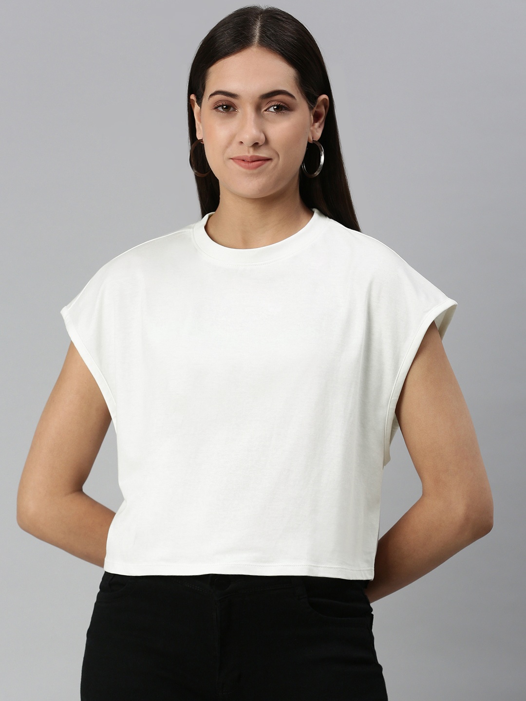 

Huetrap Women Cotton Extended Sleeves Boxy Crop T-shirt, White