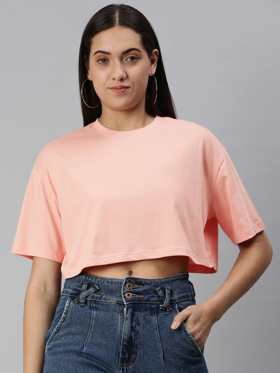 

Huetrap Women Drop-Shoulder Sleeves Boxy Crop T-shirt, Coral